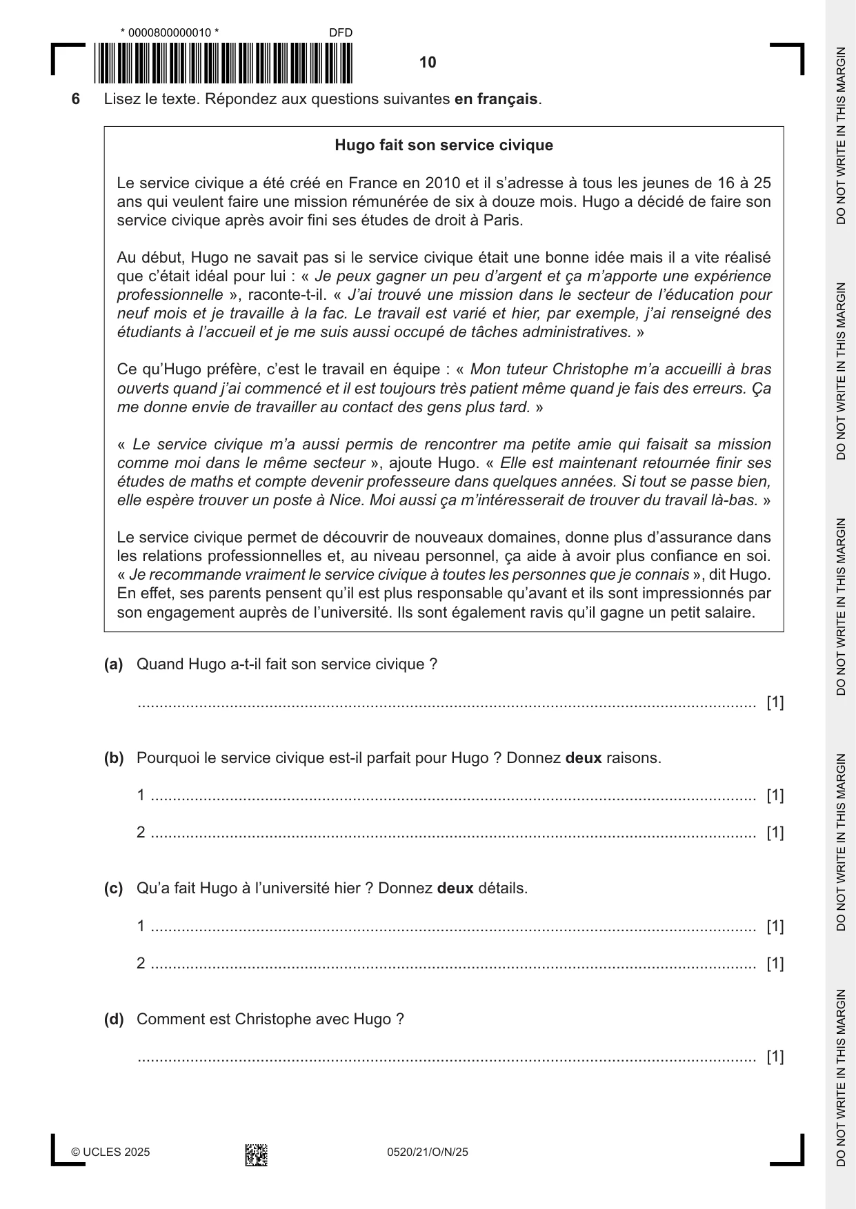 Cambridge IGCSE French - Foreign Language 0520 2025 Oct/Nov Paper 2 · Variant 1 question paper, page 10 of 12