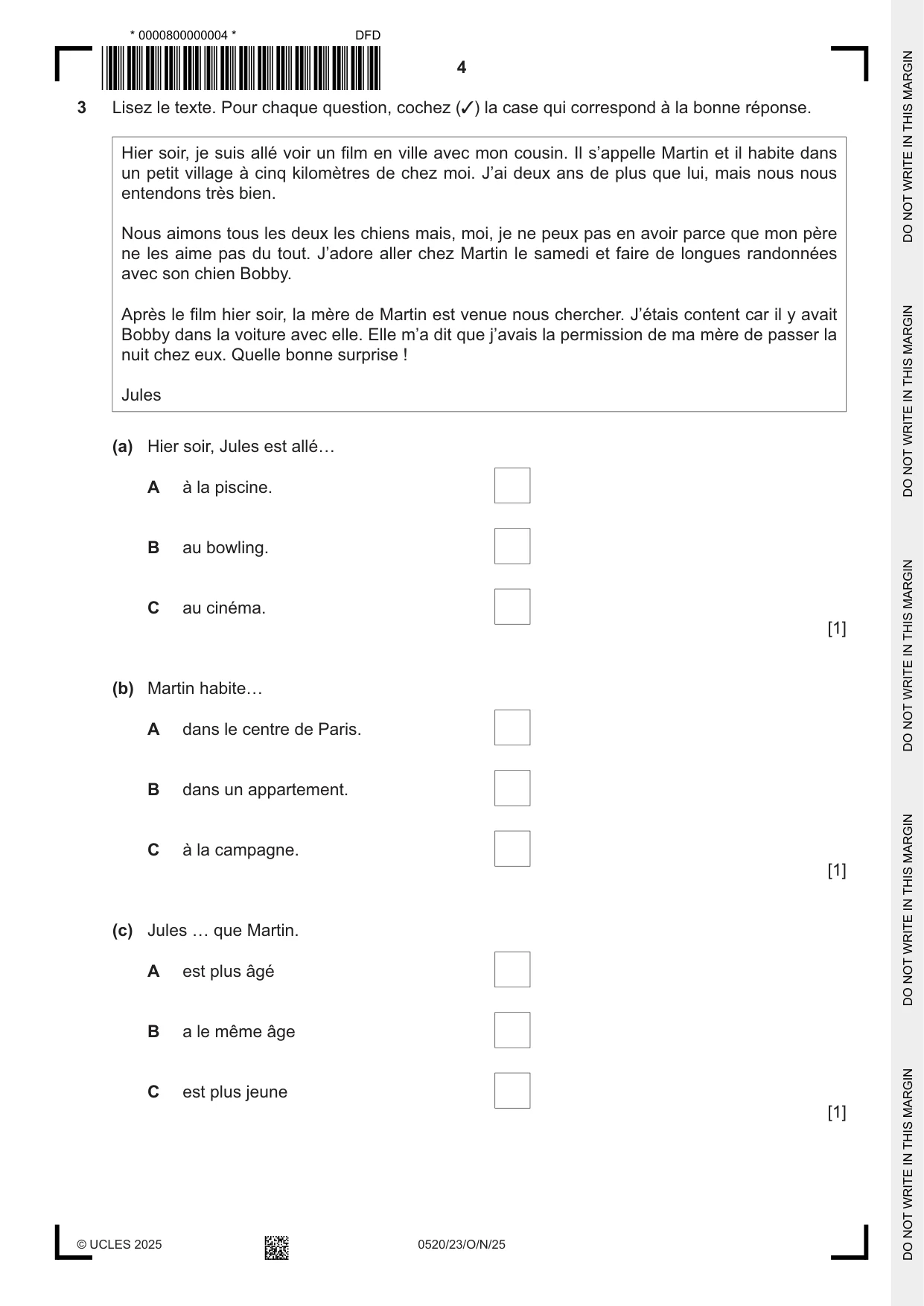 Cambridge IGCSE French - Foreign Language 0520 2025 Oct/Nov Paper 2 · Variant 3 question paper, page 4 of 12