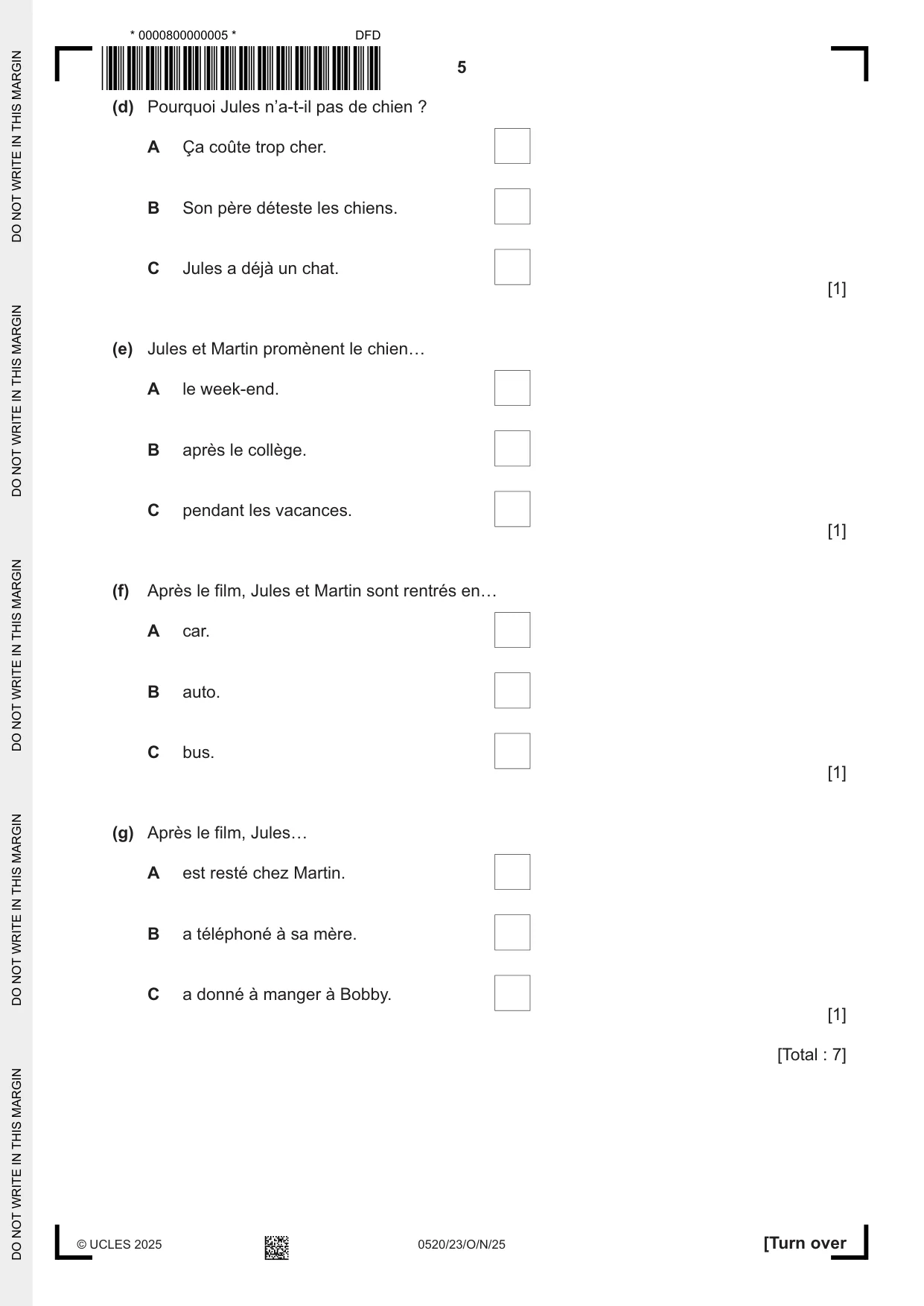Cambridge IGCSE French - Foreign Language 0520 2025 Oct/Nov Paper 2 · Variant 3 question paper, page 5 of 12