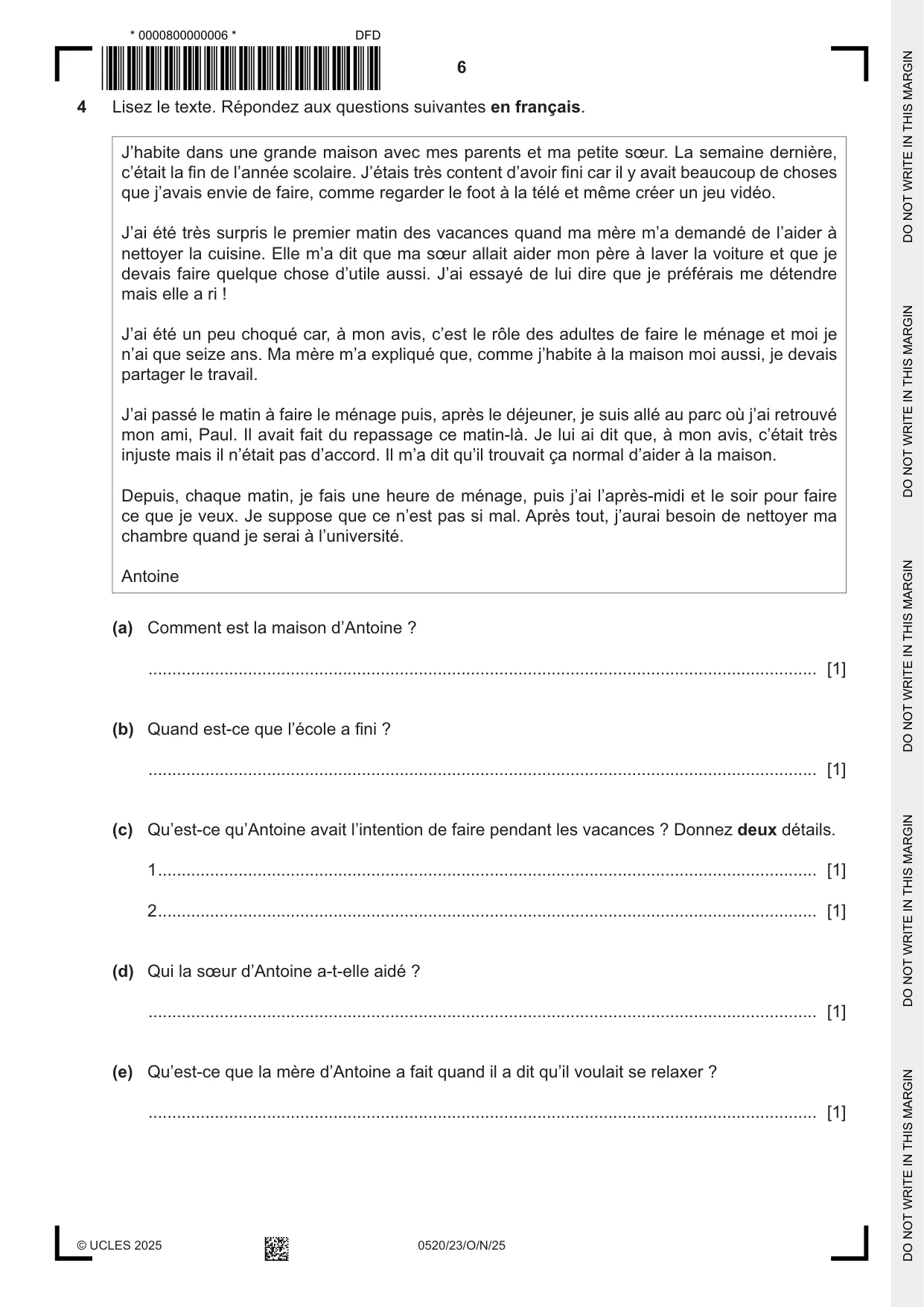 Cambridge IGCSE French - Foreign Language 0520 2025 Oct/Nov Paper 2 · Variant 3 question paper, page 6 of 12