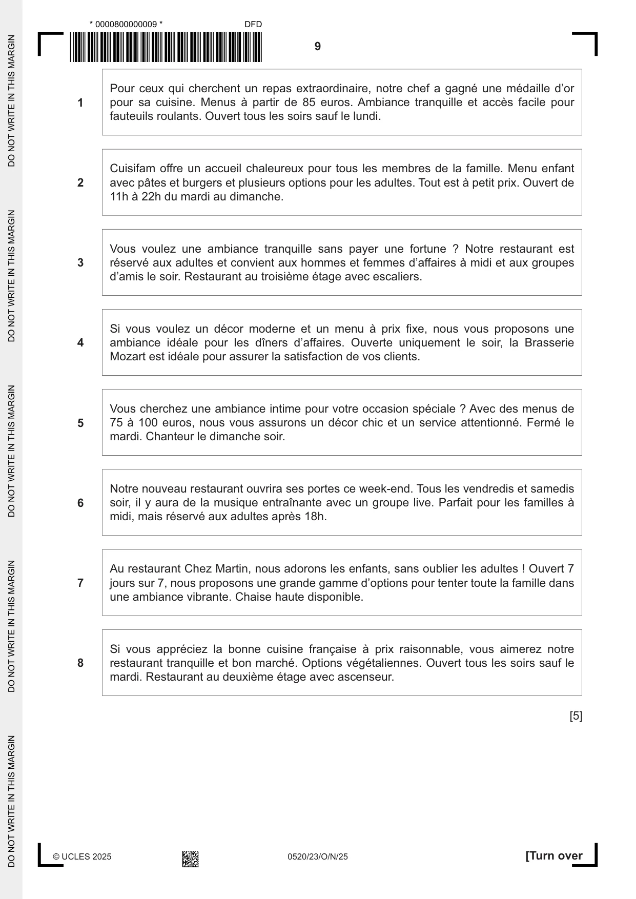 Cambridge IGCSE French - Foreign Language 0520 2025 Oct/Nov Paper 2 · Variant 3 question paper, page 9 of 12