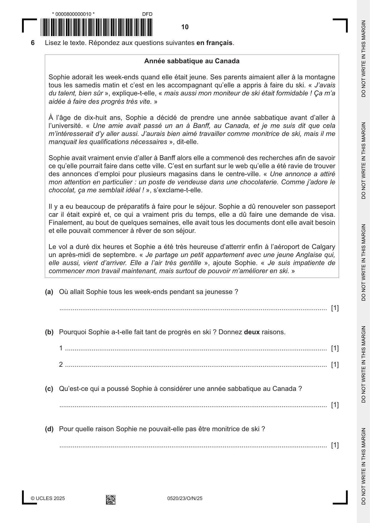 Cambridge IGCSE French - Foreign Language 0520 2025 Oct/Nov Paper 2 · Variant 3 question paper, page 10 of 12