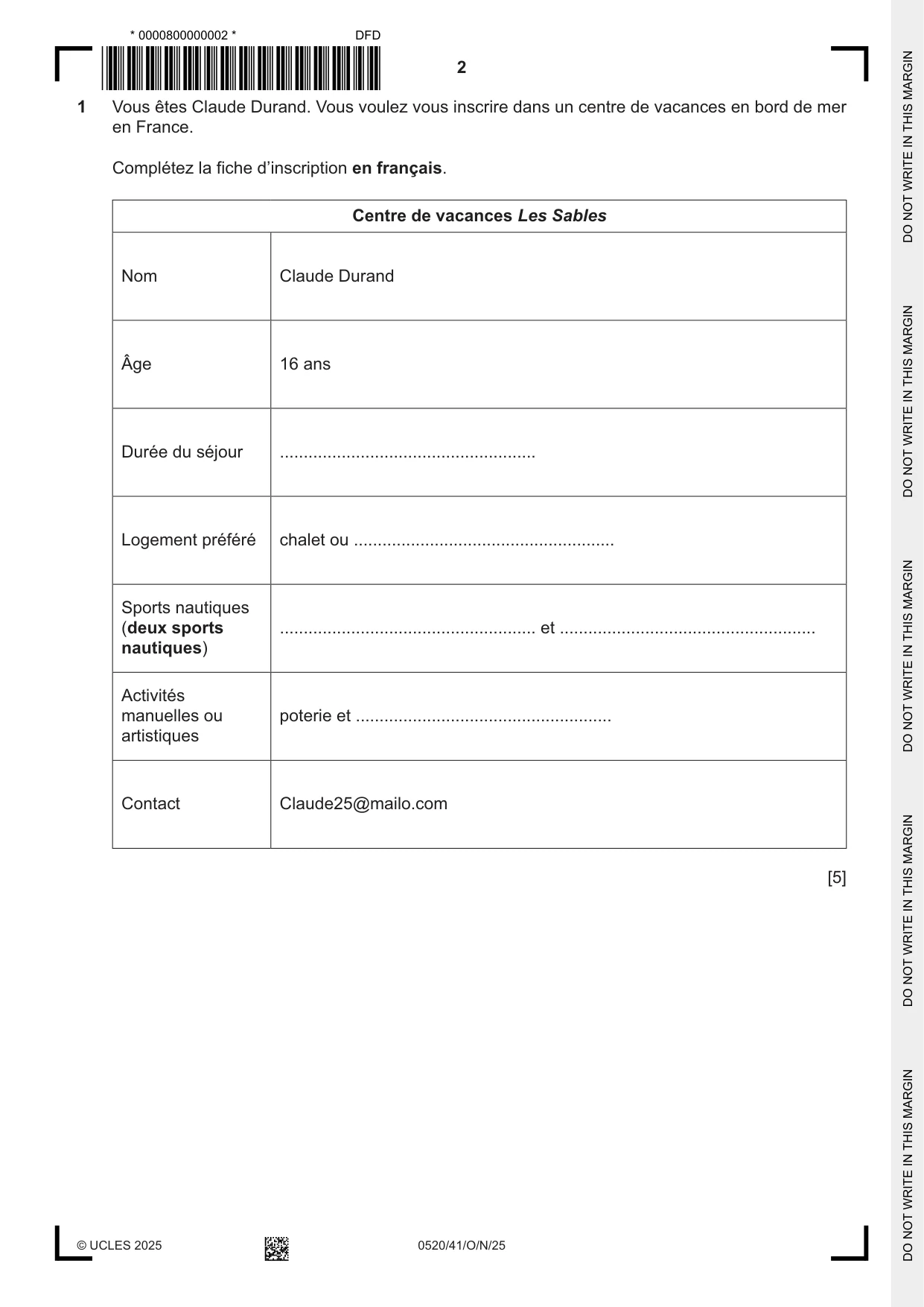 Cambridge IGCSE French - Foreign Language 0520 2025 Oct/Nov Paper 4 · Variant 1 question paper, page 2 of 8