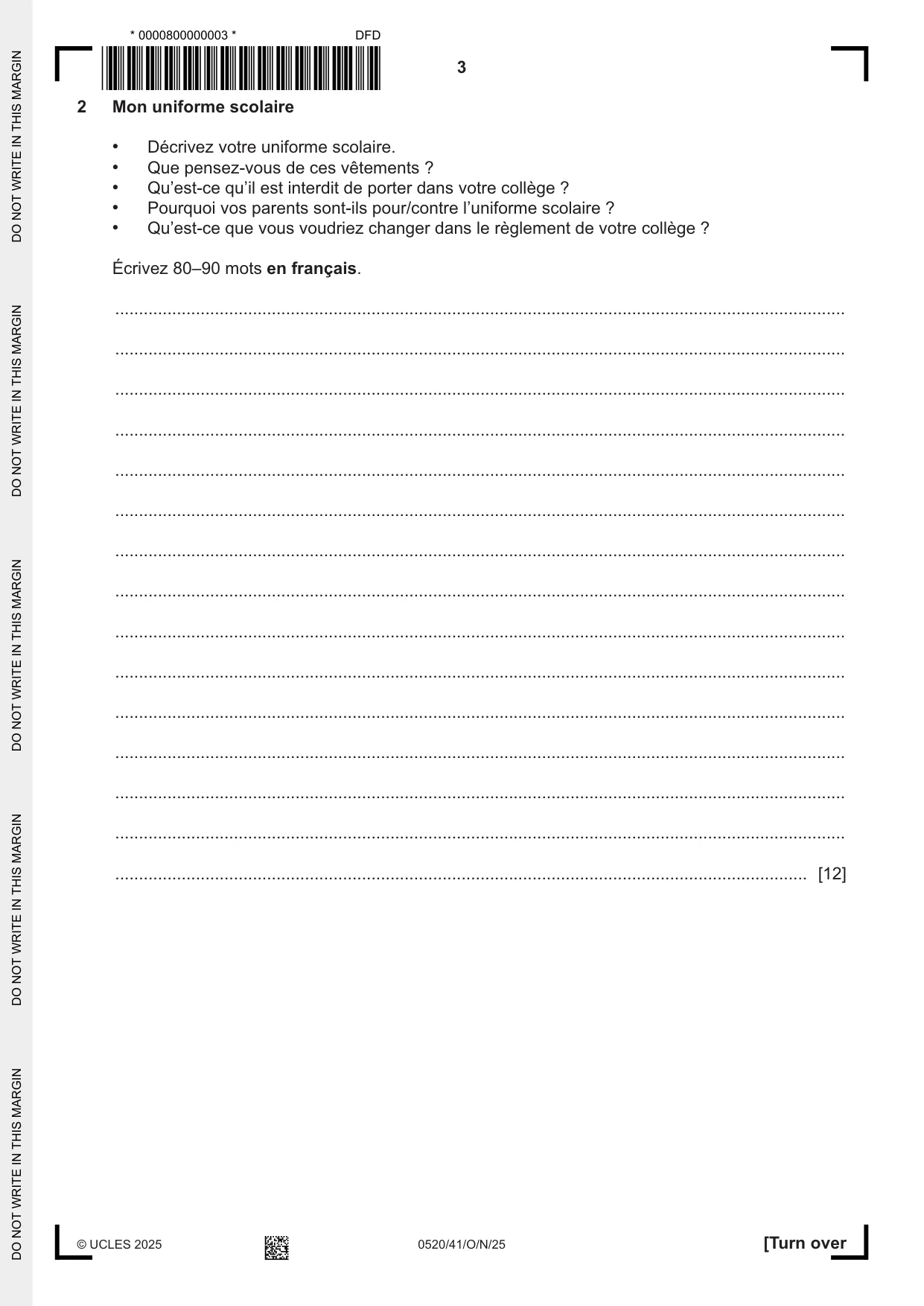 Cambridge IGCSE French - Foreign Language 0520 2025 Oct/Nov Paper 4 · Variant 1 question paper, page 3 of 8