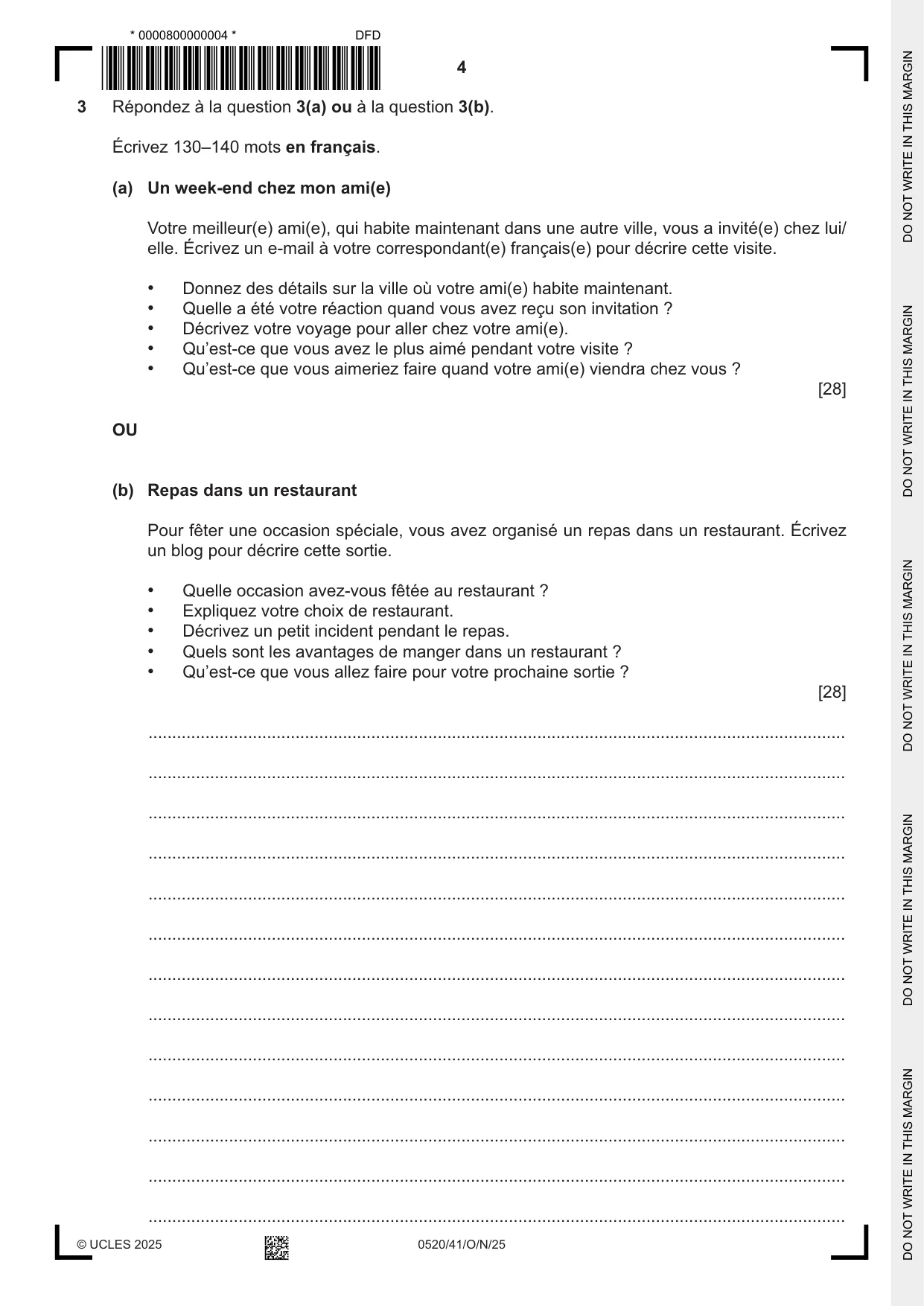 Cambridge IGCSE French - Foreign Language 0520 2025 Oct/Nov Paper 4 · Variant 1 question paper, page 4 of 8
