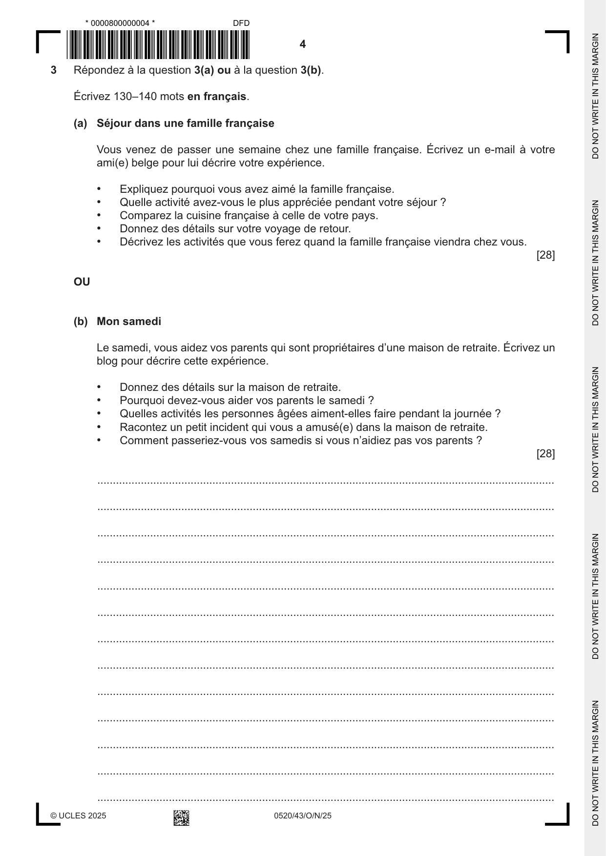 Cambridge IGCSE French - Foreign Language 0520 2025 Oct/Nov Paper 4 · Variant 3 question paper, page 4 of 8