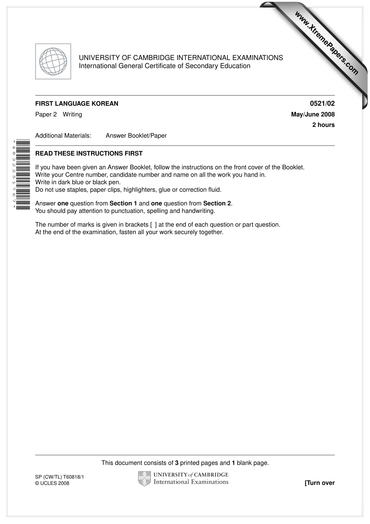 Cambridge IGCSE Korean (First Language) 0521 2008 May/June Paper 2 · Variant 1 question paper, page 1 of 4