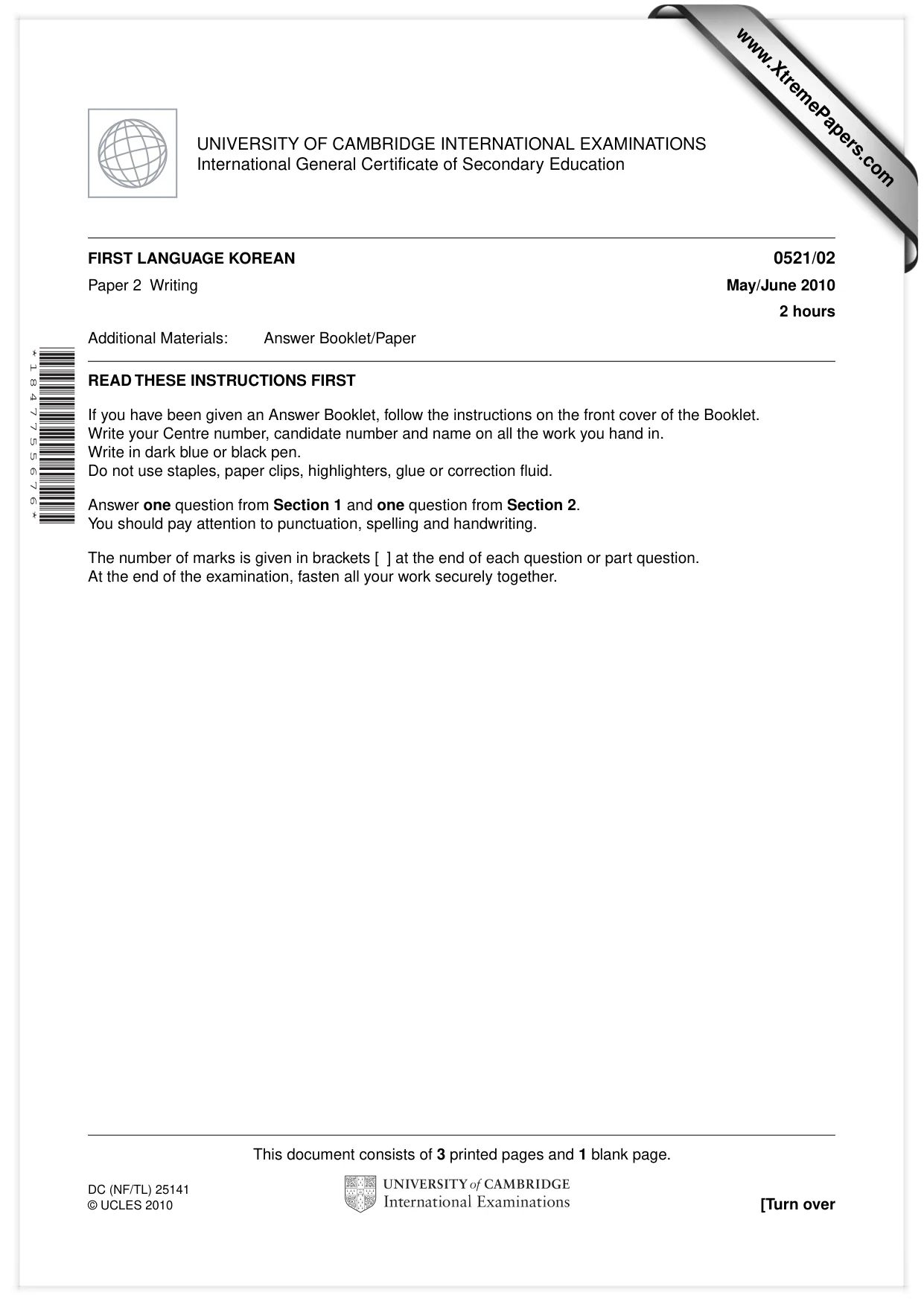 Cambridge IGCSE Korean (First Language) 0521 2010 May/June Paper 2 · Variant 1 question paper, page 1 of 4