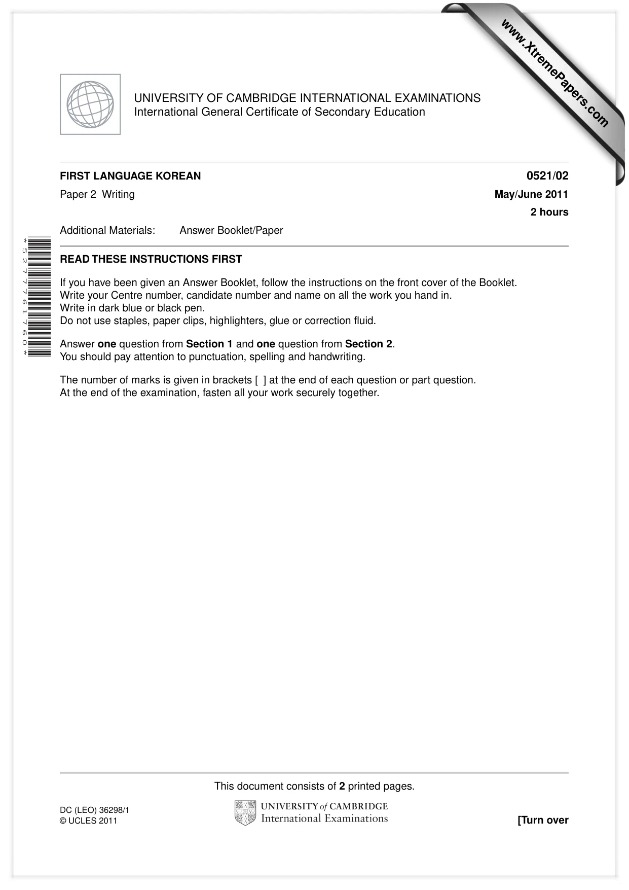 Cambridge IGCSE Korean (First Language) 0521 2011 May/June Paper 2 · Variant 1 question paper, page 1 of 2