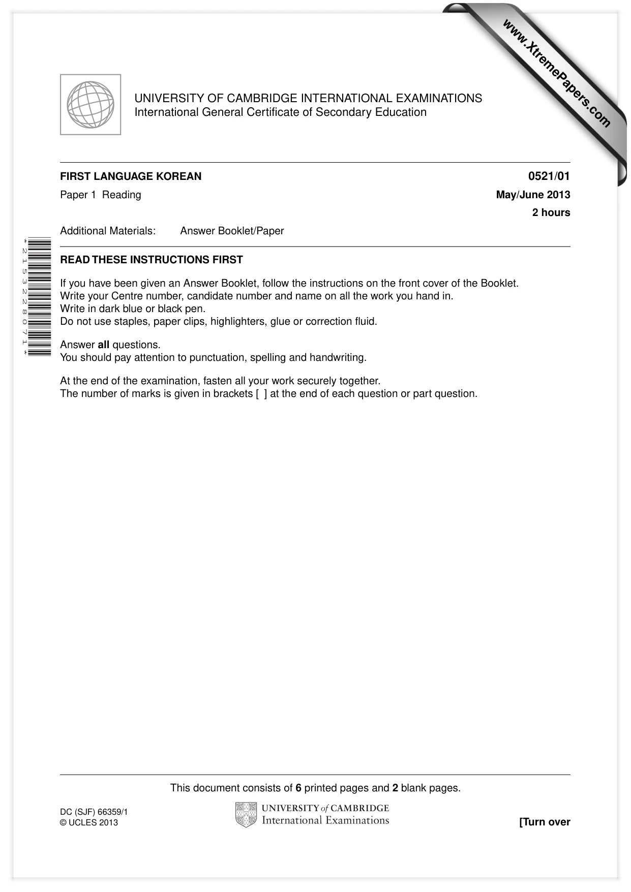 Cambridge IGCSE Korean (First Language) 0521 2013 May/June Paper 1 · Variant 1 question paper, page 1 of 8