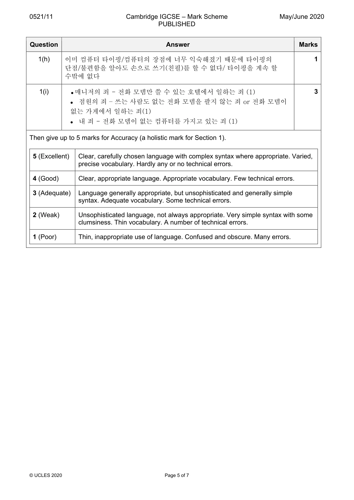 Mark scheme, page 5 of 7