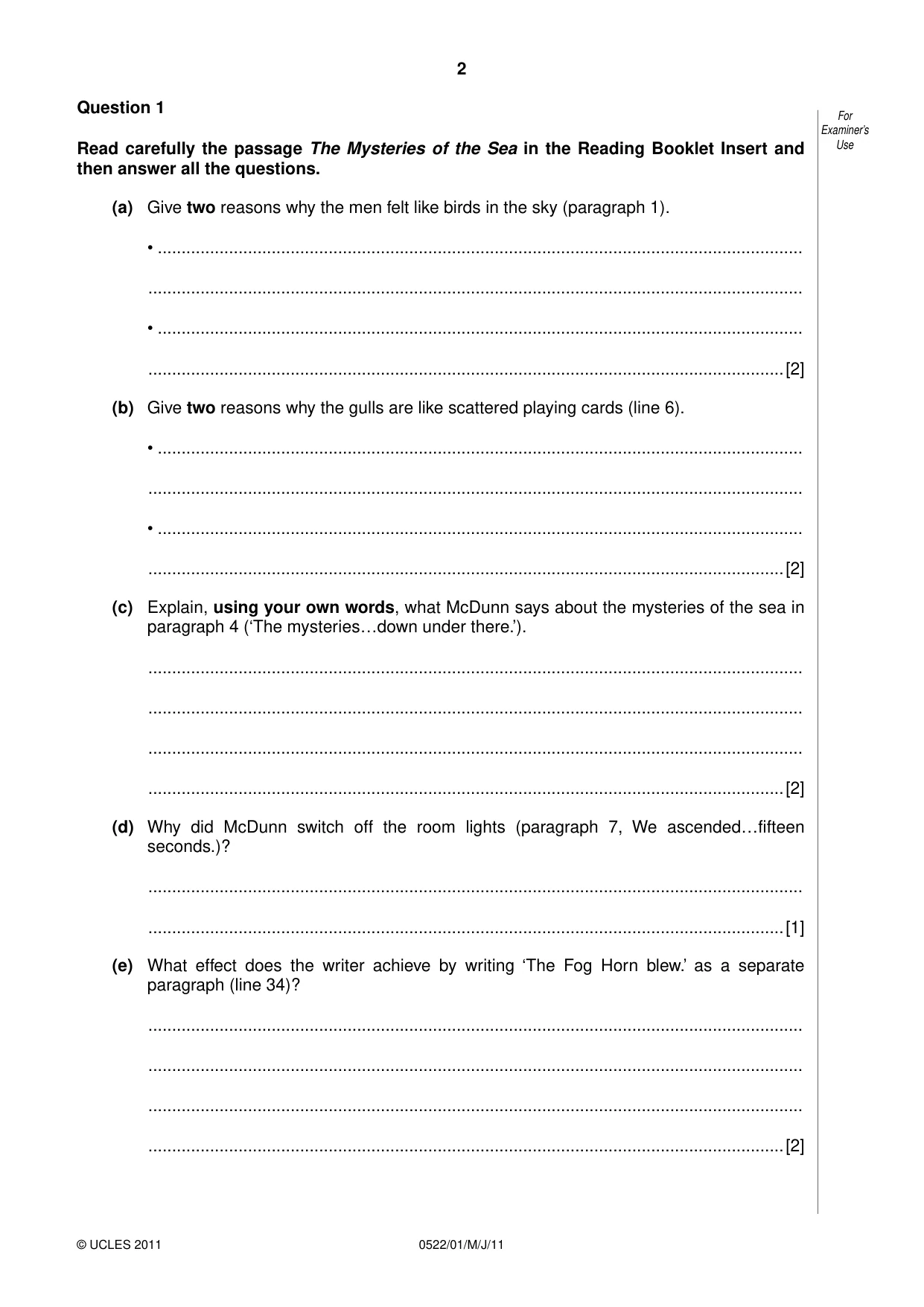 Cambridge IGCSE English - First Language (UK) 0522 2011 May/June Paper 1 · Variant 0 question paper, page 2 of 8