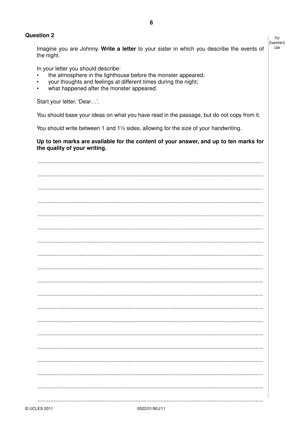Cambridge IGCSE English - First Language (UK) 0522 2011 May/June Paper 1 · Variant 0 question paper, page 6 of 8