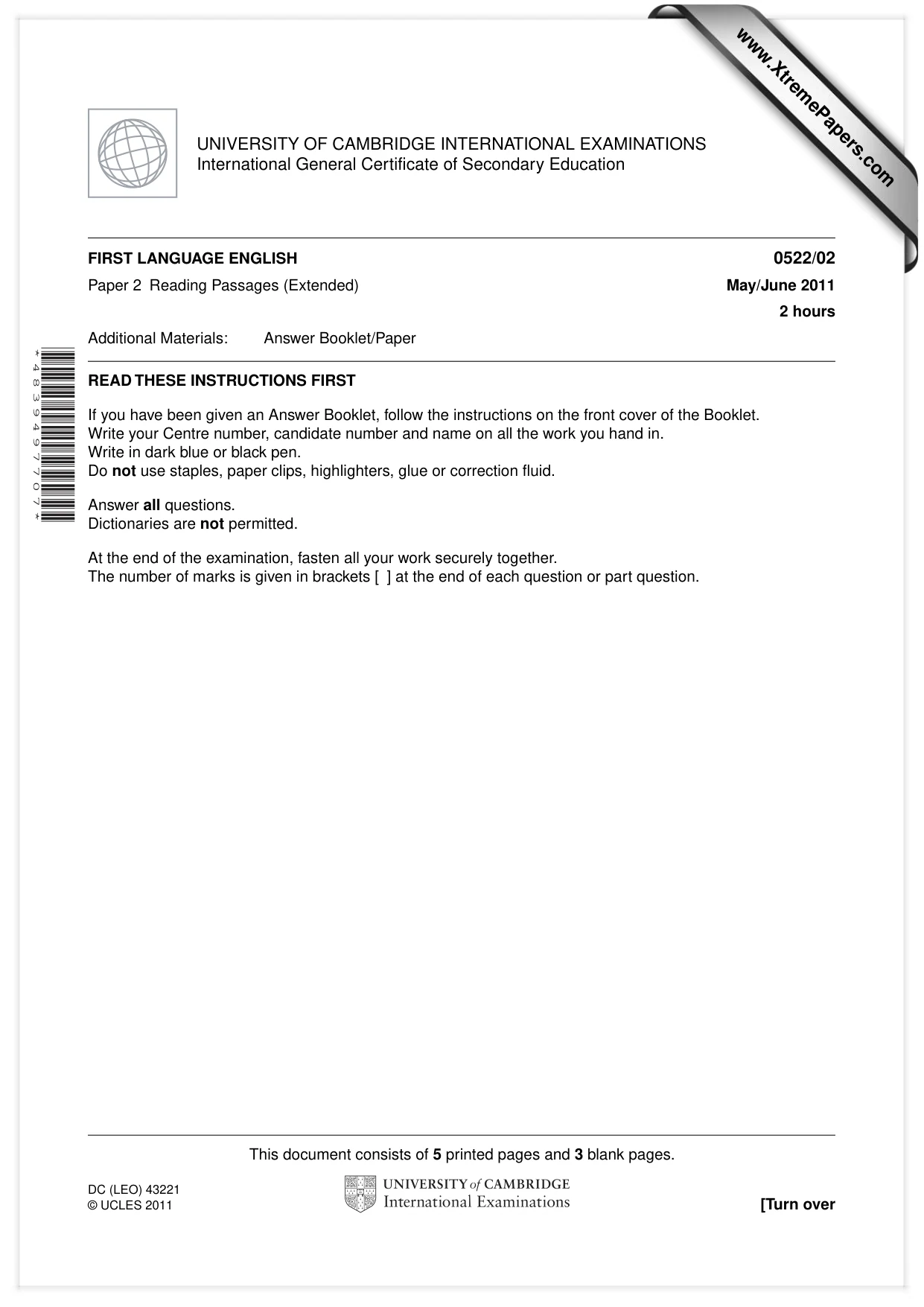 Cambridge IGCSE English - First Language (UK) 0522 2011 May/June Paper 2 · Variant 0 question paper, page 1 of 8