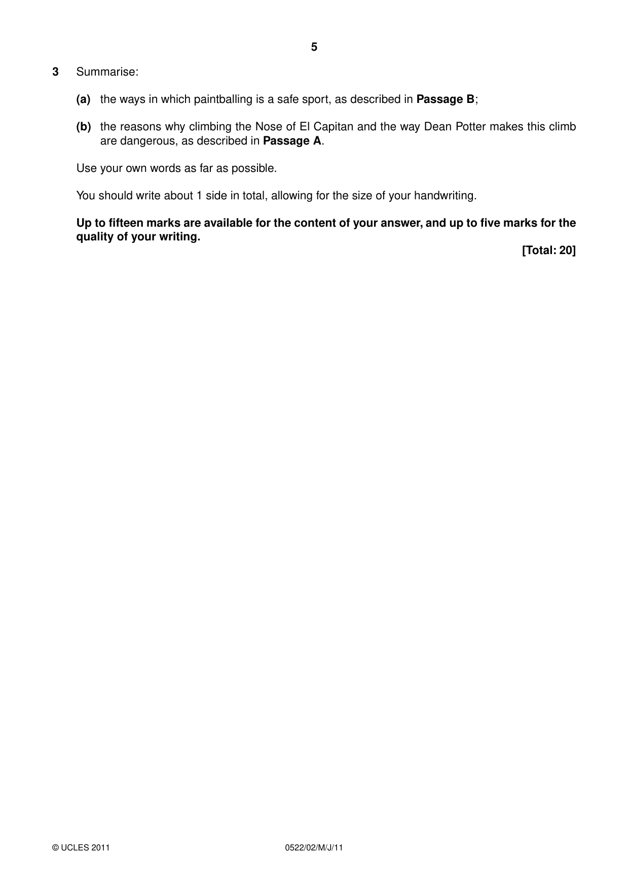 Cambridge IGCSE English - First Language (UK) 0522 2011 May/June Paper 2 · Variant 0 question paper, page 5 of 8