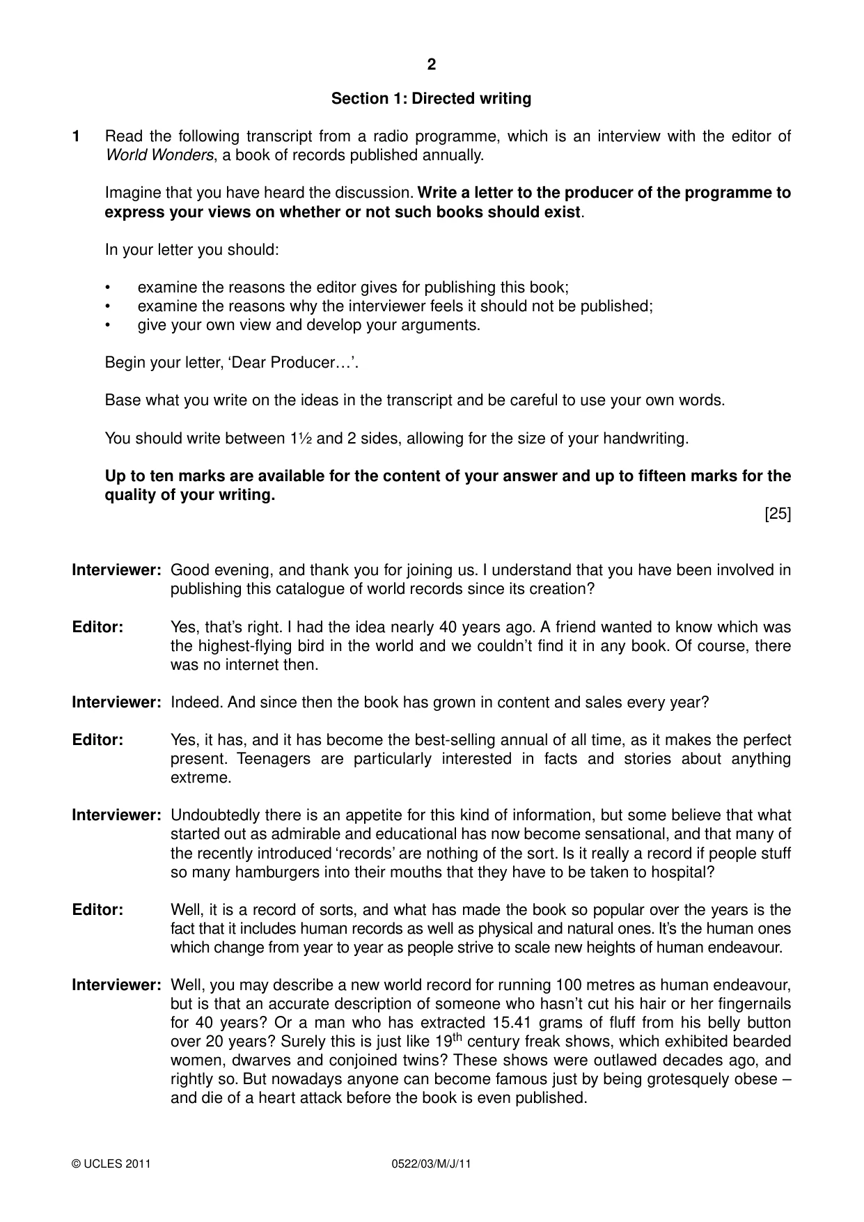 Cambridge IGCSE English - First Language (UK) 0522 2011 May/June Paper 3 · Variant 0 question paper, page 2 of 4