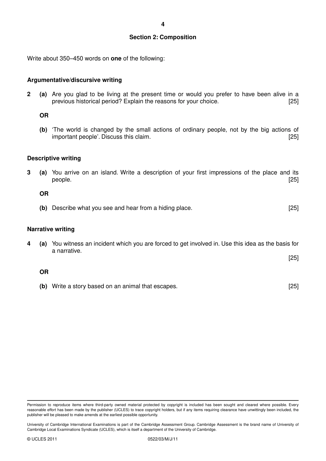 Cambridge IGCSE English - First Language (UK) 0522 2011 May/June Paper 3 · Variant 0 question paper, page 4 of 4