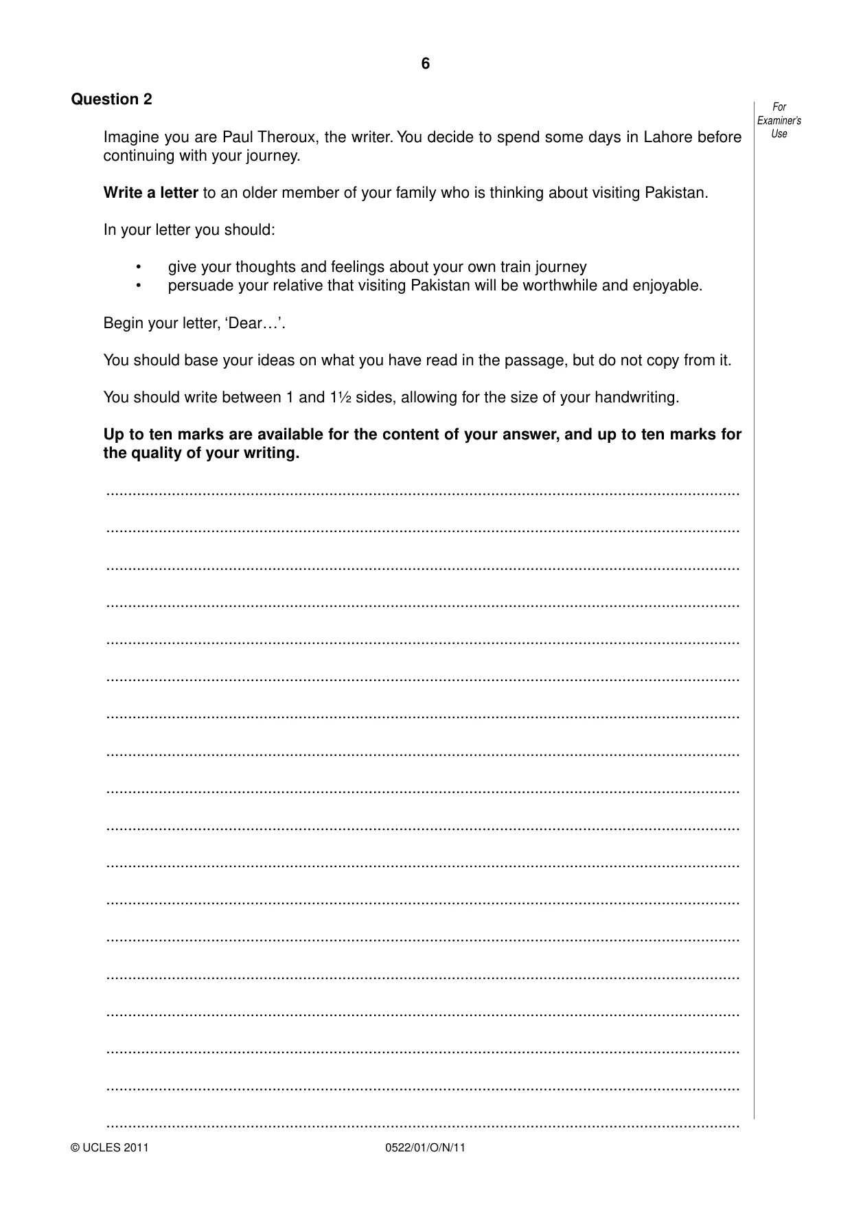 Cambridge IGCSE English - First Language (UK) 0522 2011 Oct/Nov Paper 1 · Variant 1 question paper, page 6 of 8