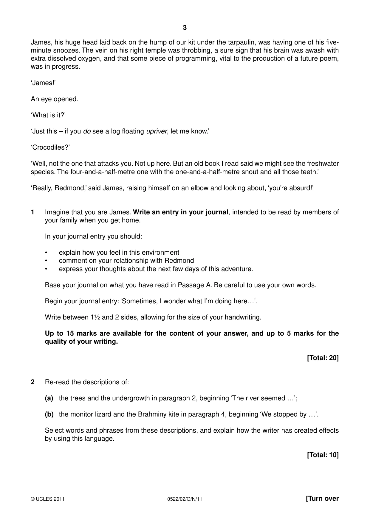 Cambridge IGCSE English - First Language (UK) 0522 2011 Oct/Nov Paper 2 · Variant 1 question paper, page 3 of 8