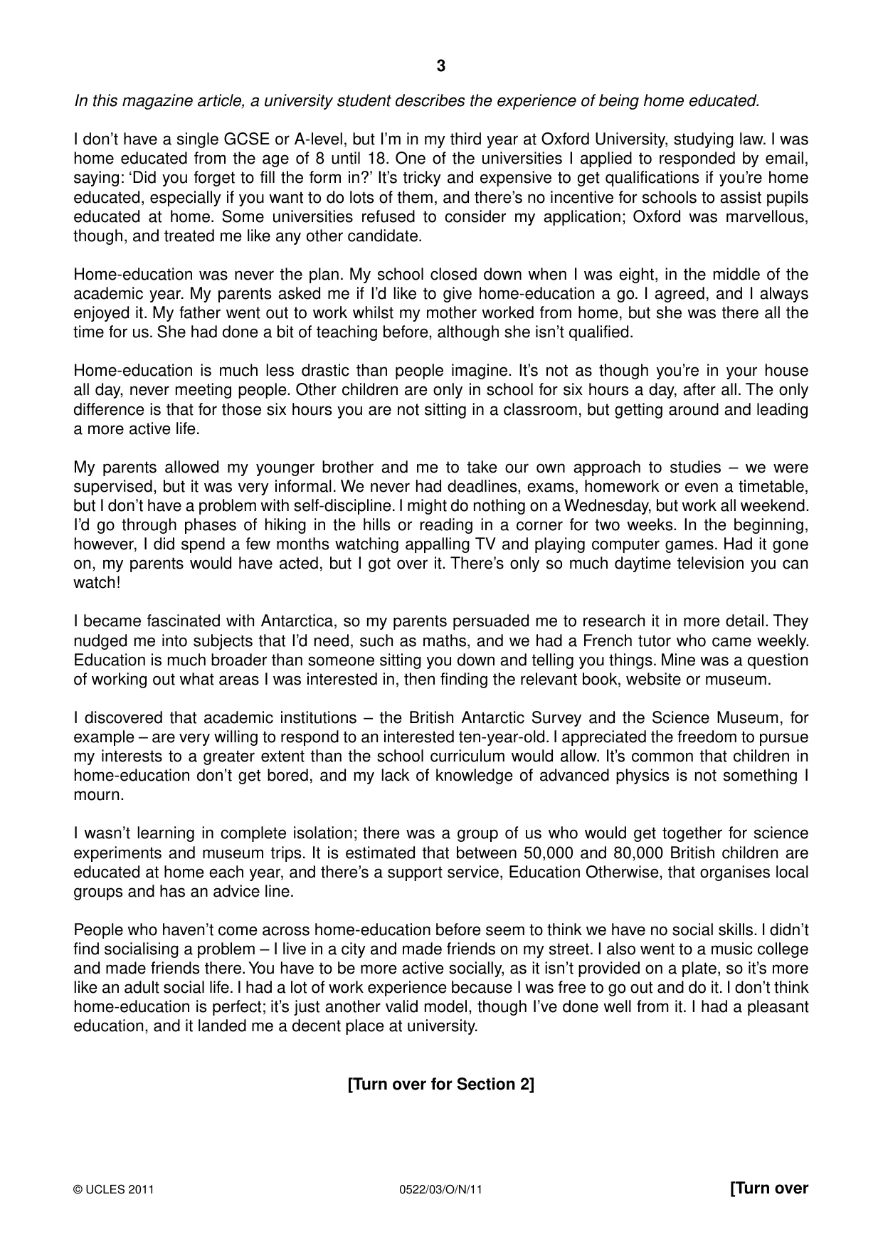 Cambridge IGCSE English - First Language (UK) 0522 2011 Oct/Nov Paper 3 · Variant 1 question paper, page 3 of 4