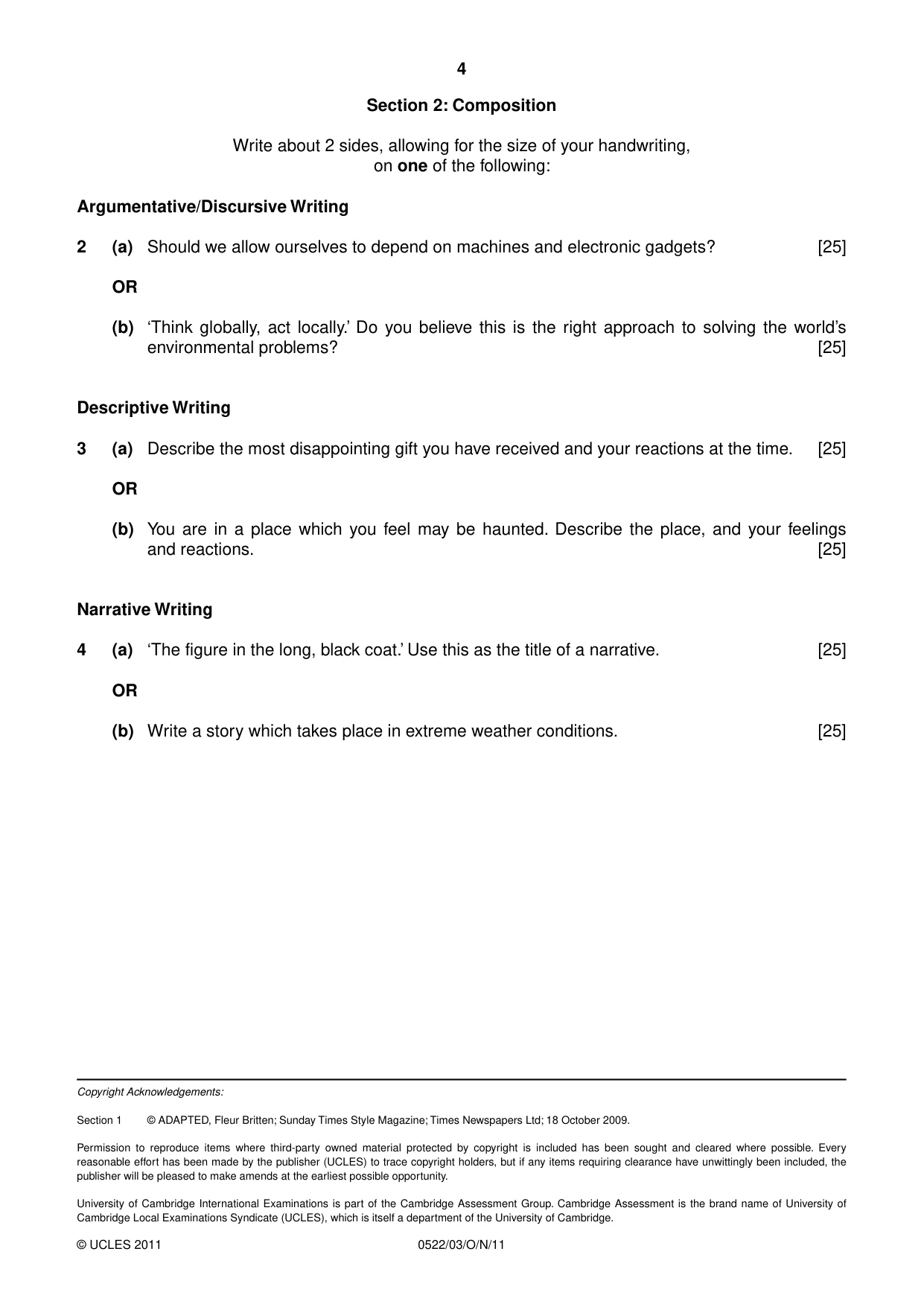 Cambridge IGCSE English - First Language (UK) 0522 2011 Oct/Nov Paper 3 · Variant 1 question paper, page 4 of 4