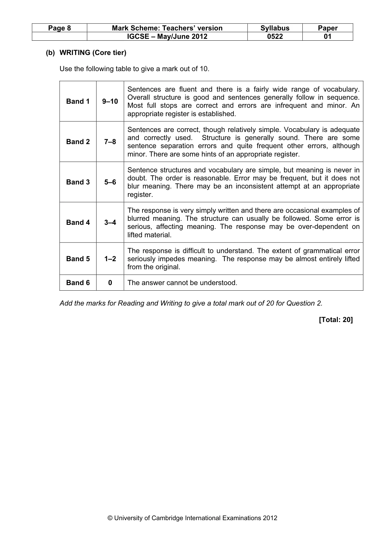 Mark scheme, page 8 of 8