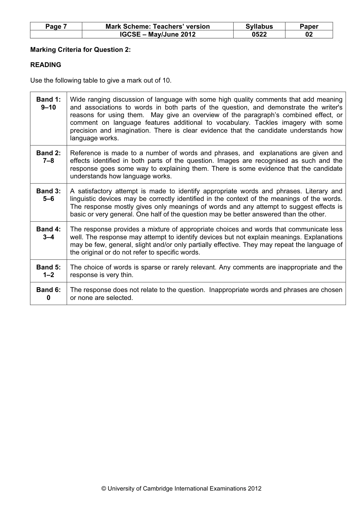 Mark scheme, page 7 of 10