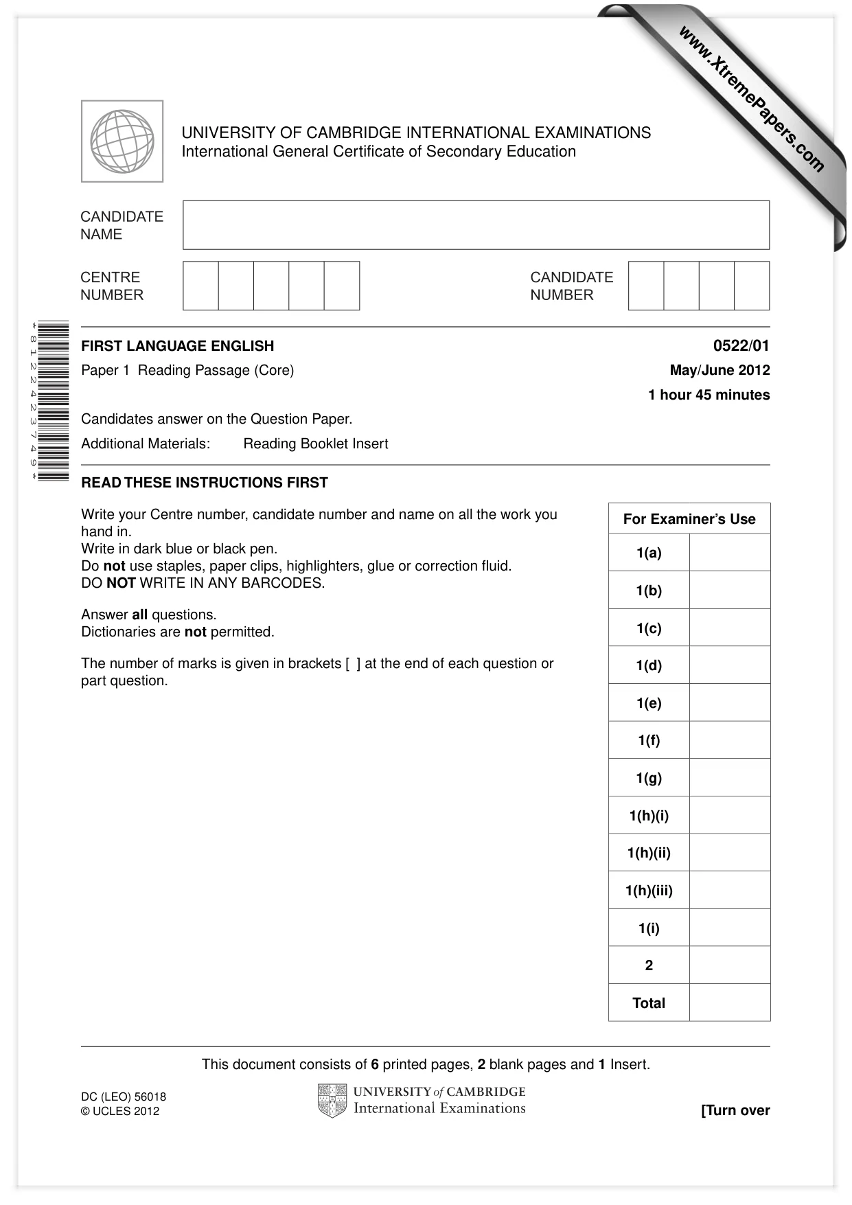 Cambridge IGCSE English - First Language (UK) 0522 2012 May/June Paper 1 · Variant 1 question paper, page 1 of 8