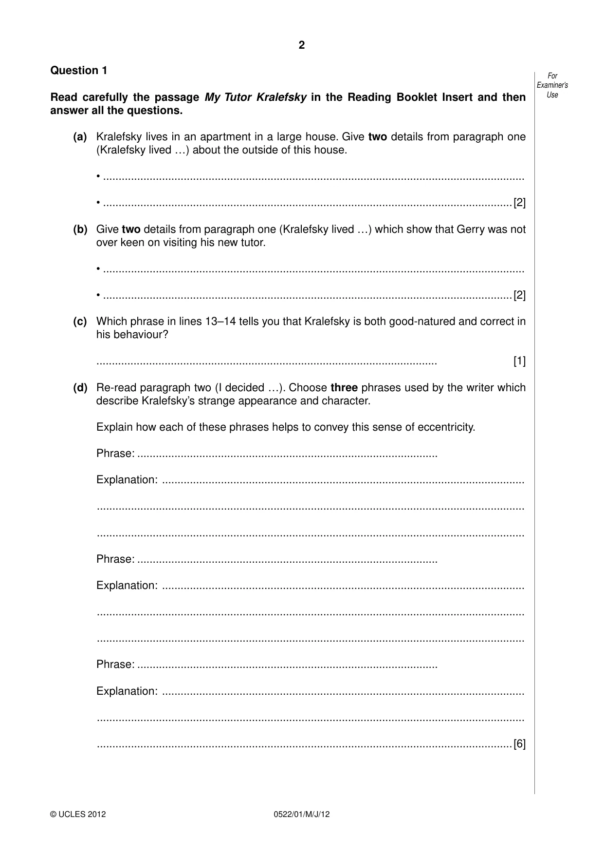 Cambridge IGCSE English - First Language (UK) 0522 2012 May/June Paper 1 · Variant 1 question paper, page 2 of 8