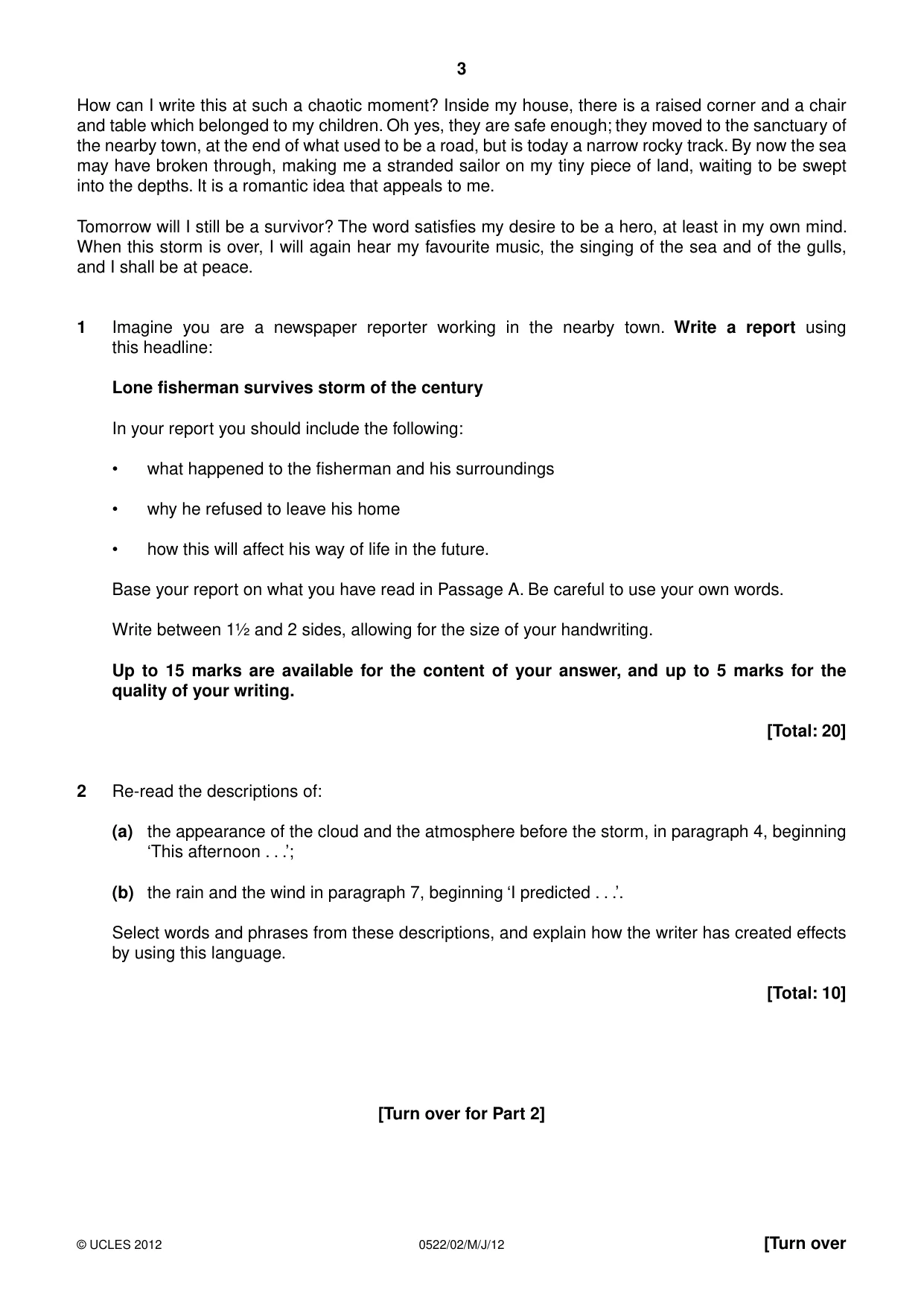 Cambridge IGCSE English - First Language (UK) 0522 2012 May/June Paper 2 · Variant 1 question paper, page 3 of 8