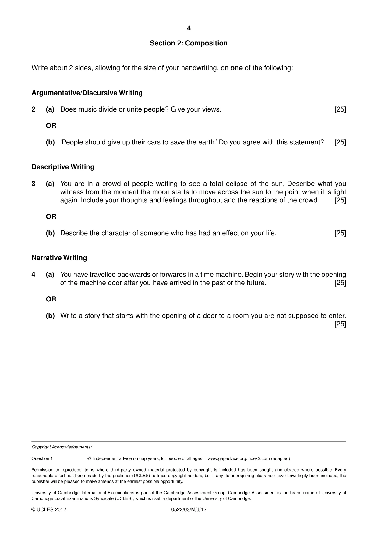Cambridge IGCSE English - First Language (UK) 0522 2012 May/June Paper 3 · Variant 1 question paper, page 4 of 4