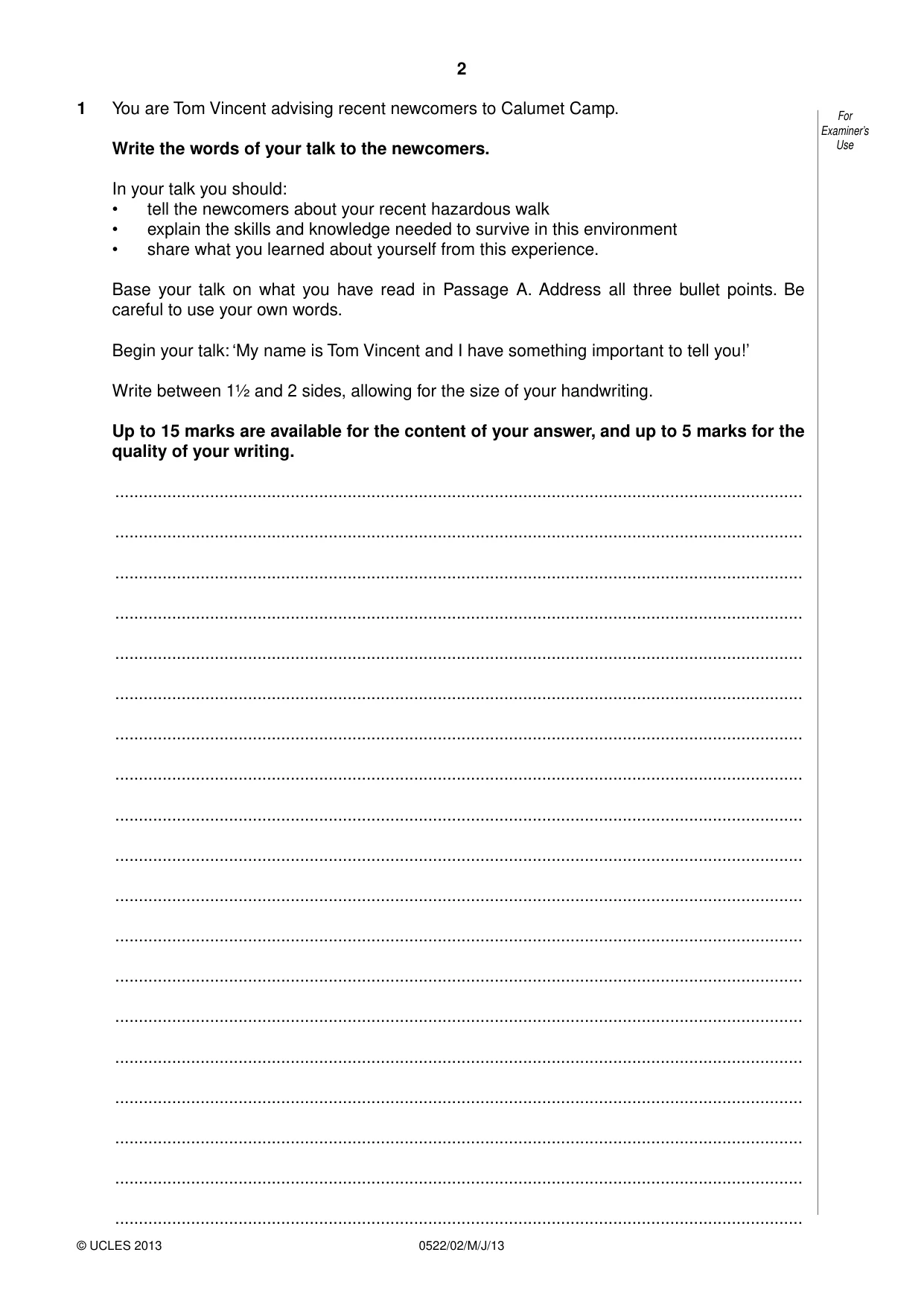 Cambridge IGCSE English - First Language (UK) 0522 2013 May/June Paper 2 · Variant 1 question paper, page 2 of 12