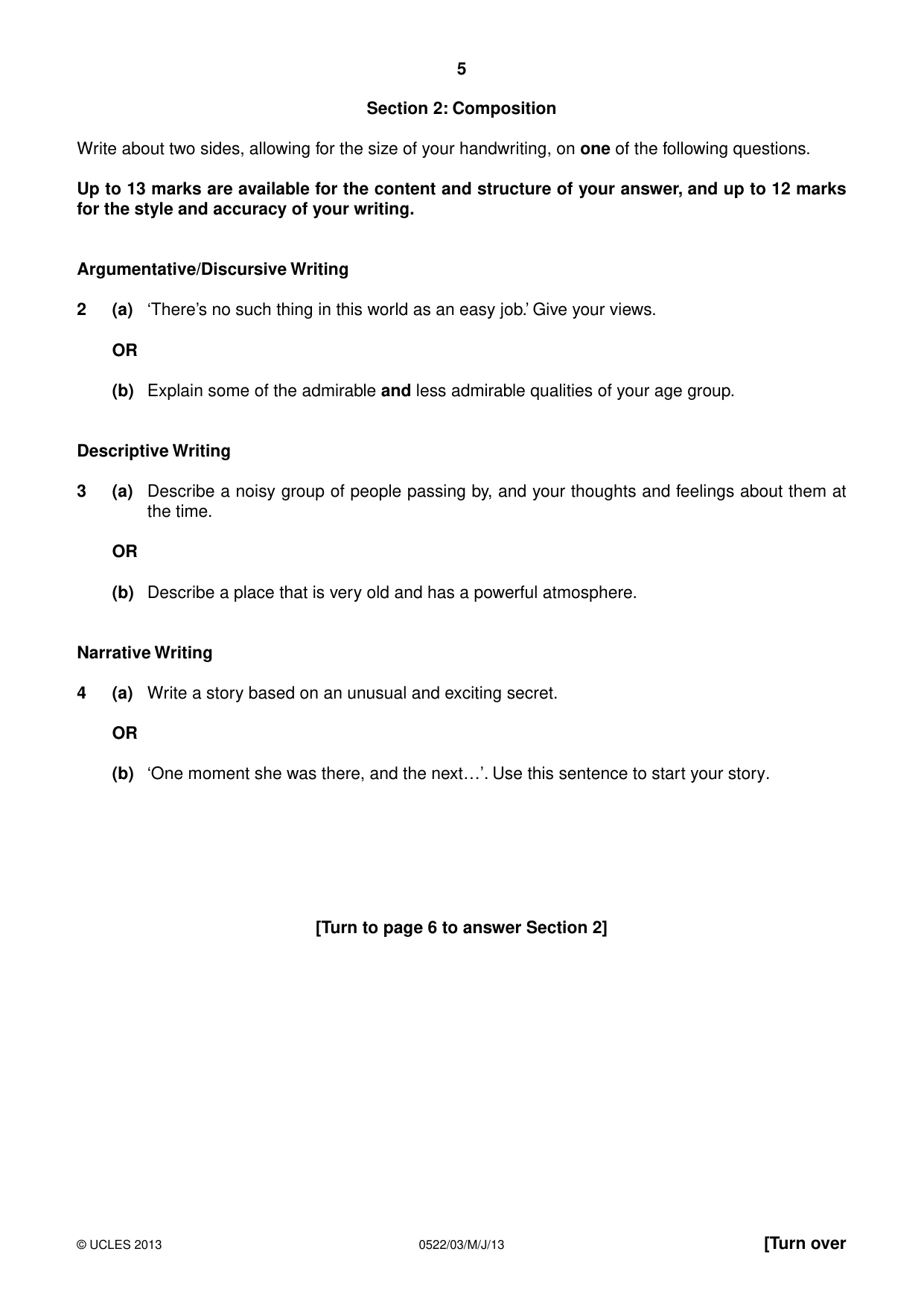 Cambridge IGCSE English - First Language (UK) 0522 2013 May/June Paper 3 · Variant 1 question paper, page 5 of 12