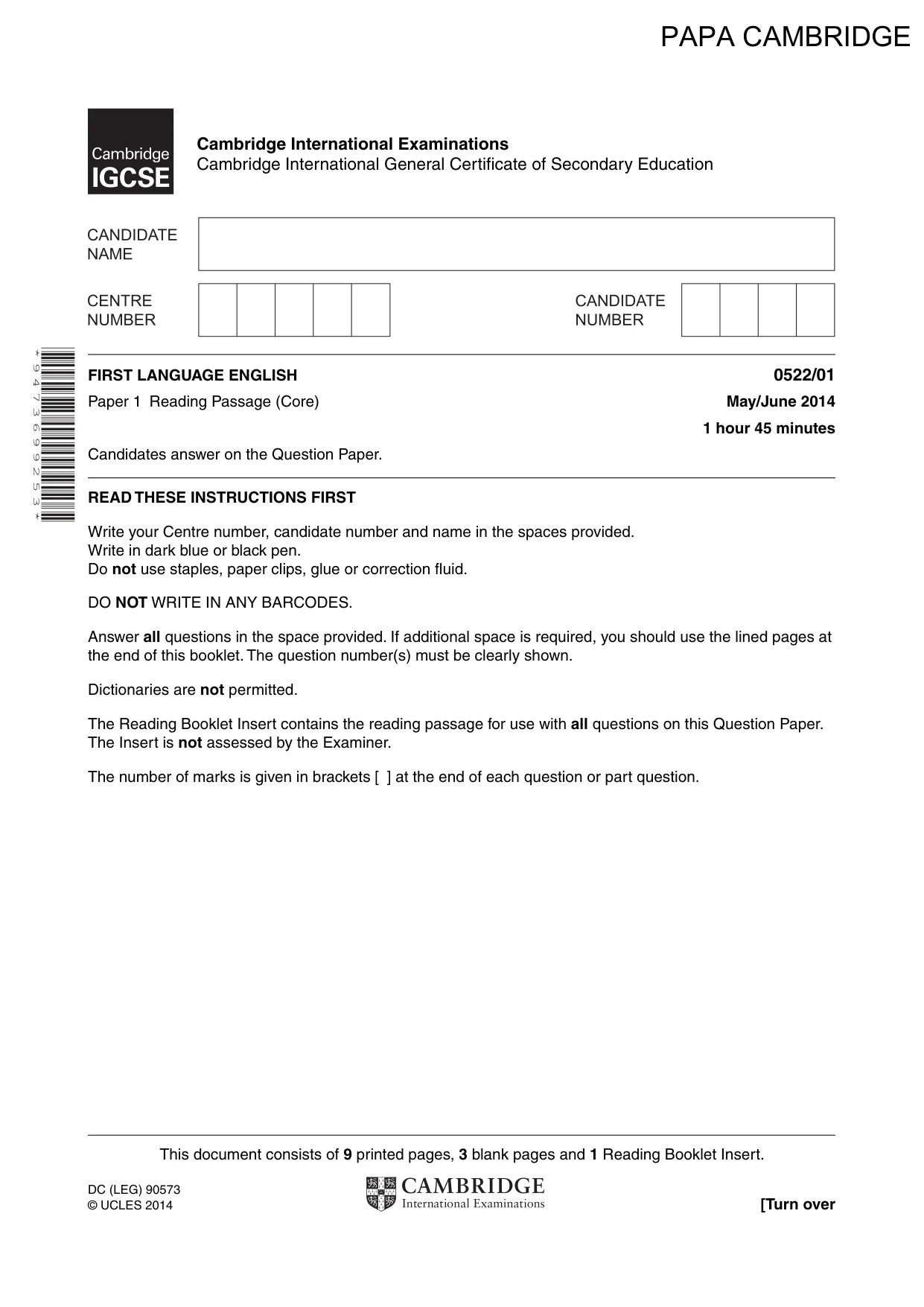 Cambridge IGCSE English - First Language (UK) 0522 2014 May/June Paper 1 · Variant 1 question paper, page 1 of 12