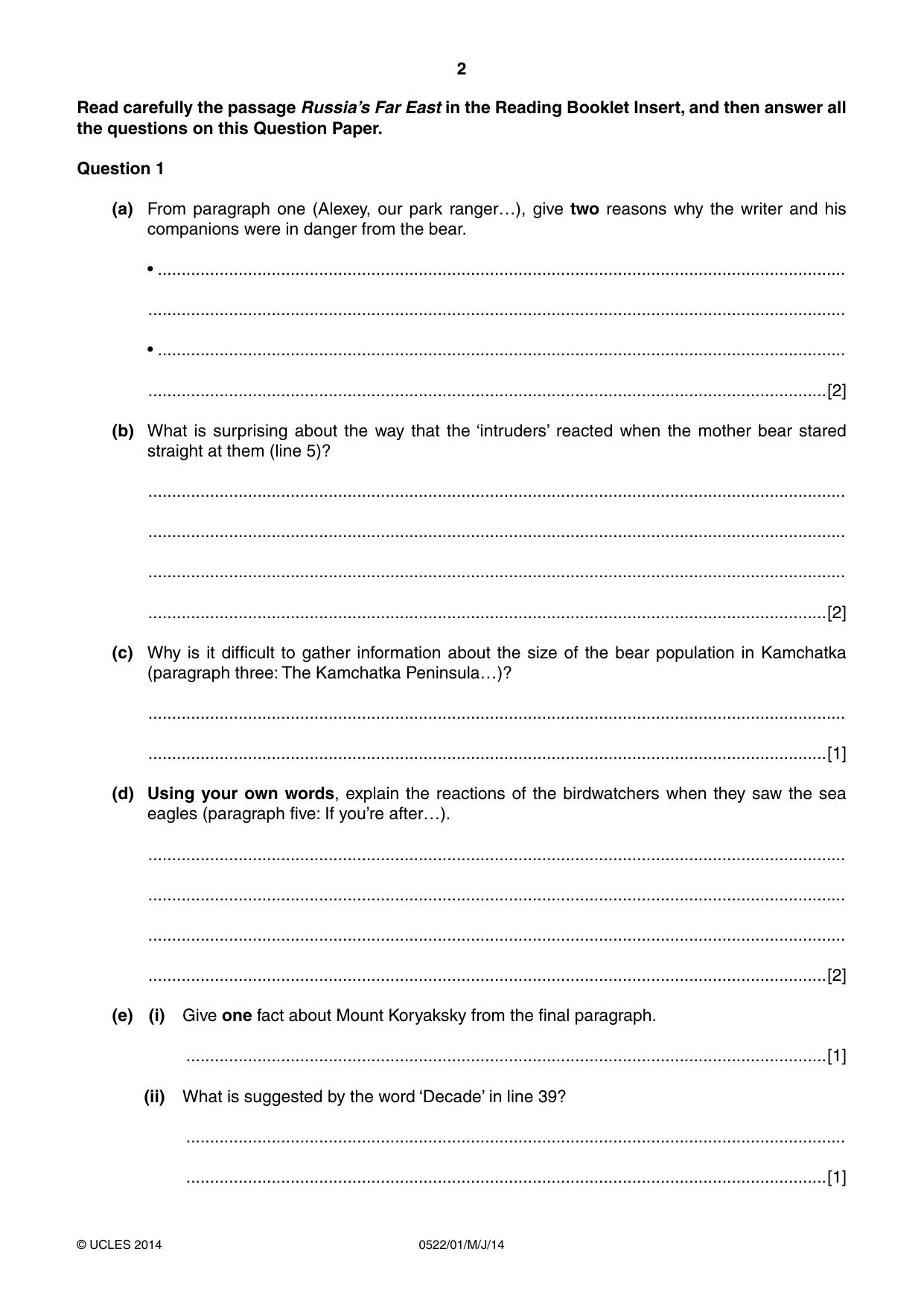 Cambridge IGCSE English - First Language (UK) 0522 2014 May/June Paper 1 · Variant 1 question paper, page 2 of 12