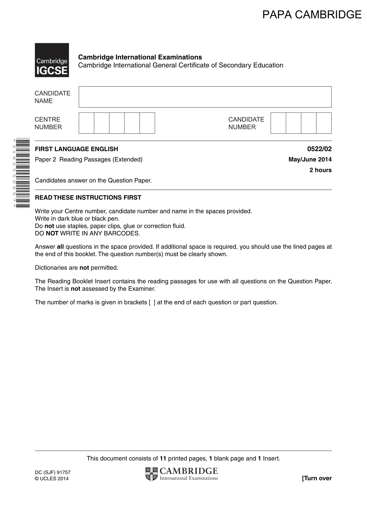 Cambridge IGCSE English - First Language (UK) 0522 2014 May/June Paper 2 · Variant 1 question paper, page 1 of 12