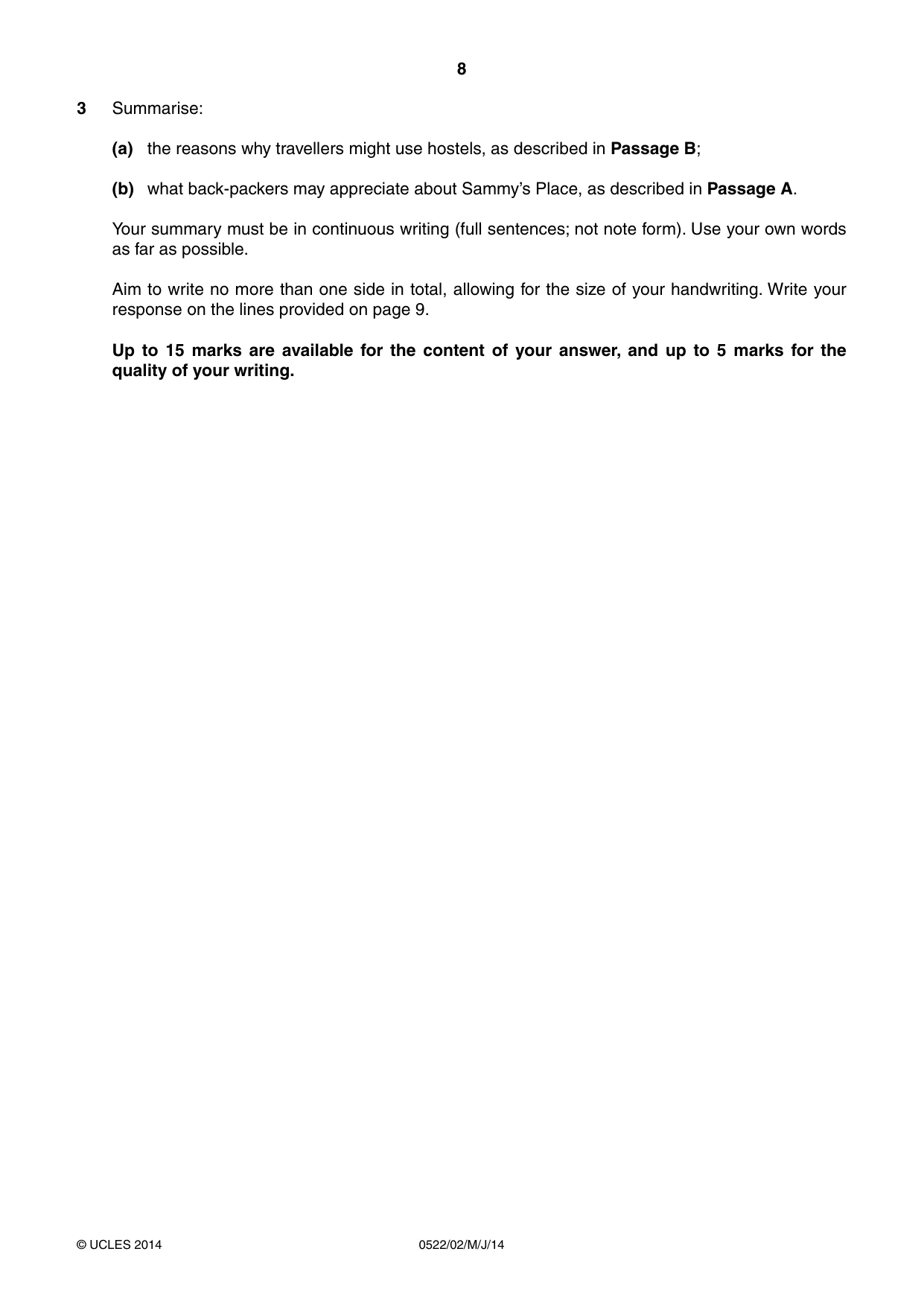 Cambridge IGCSE English - First Language (UK) 0522 2014 May/June Paper 2 · Variant 1 question paper, page 8 of 12