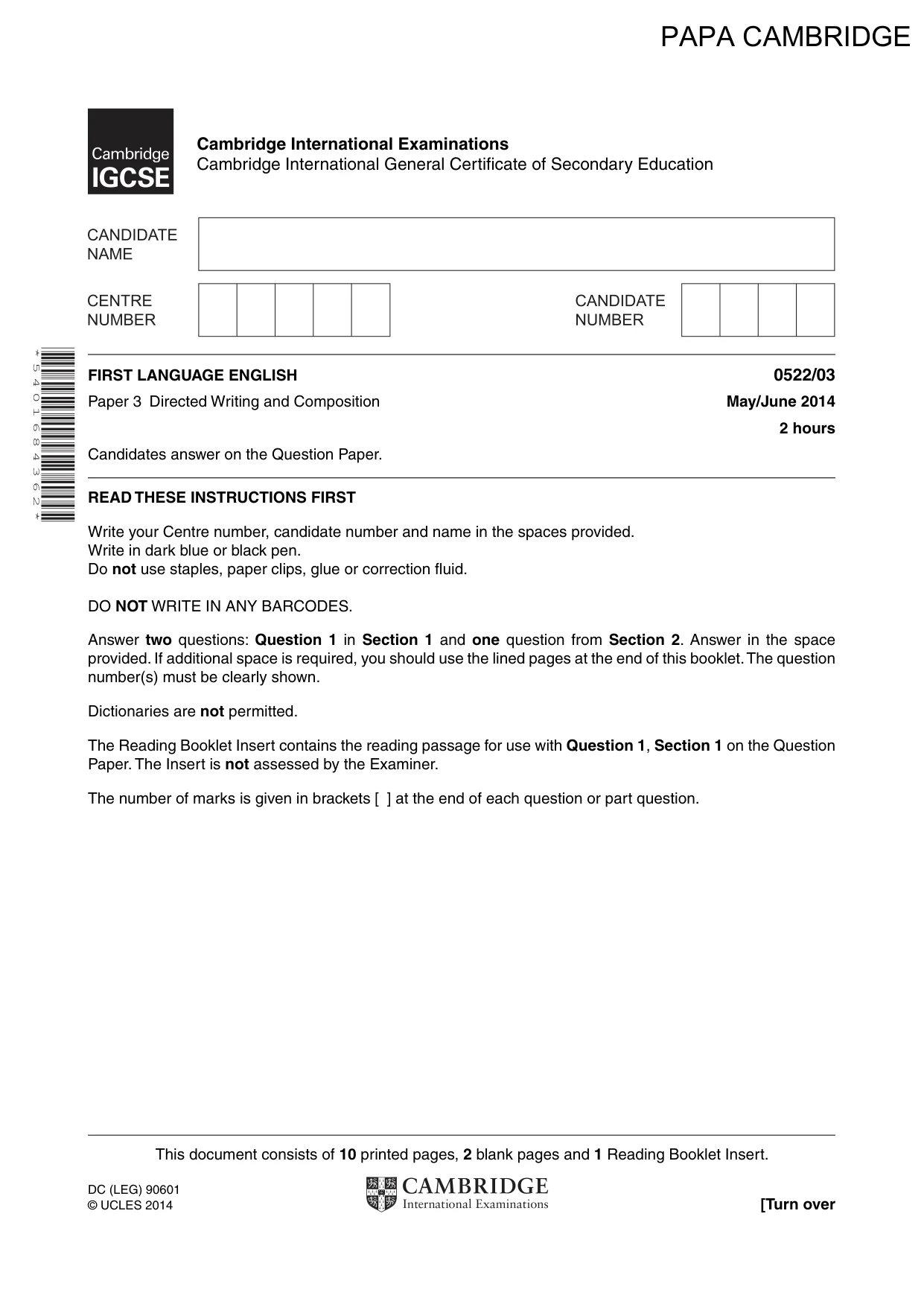 Cambridge IGCSE English - First Language (UK) 0522 2014 May/June Paper 3 · Variant 1 question paper, page 1 of 12