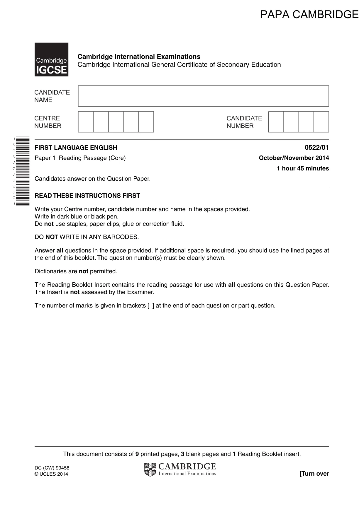 Cambridge IGCSE English - First Language (UK) 0522 2014 Oct/Nov Paper 1 · Variant 1 question paper, page 1 of 12