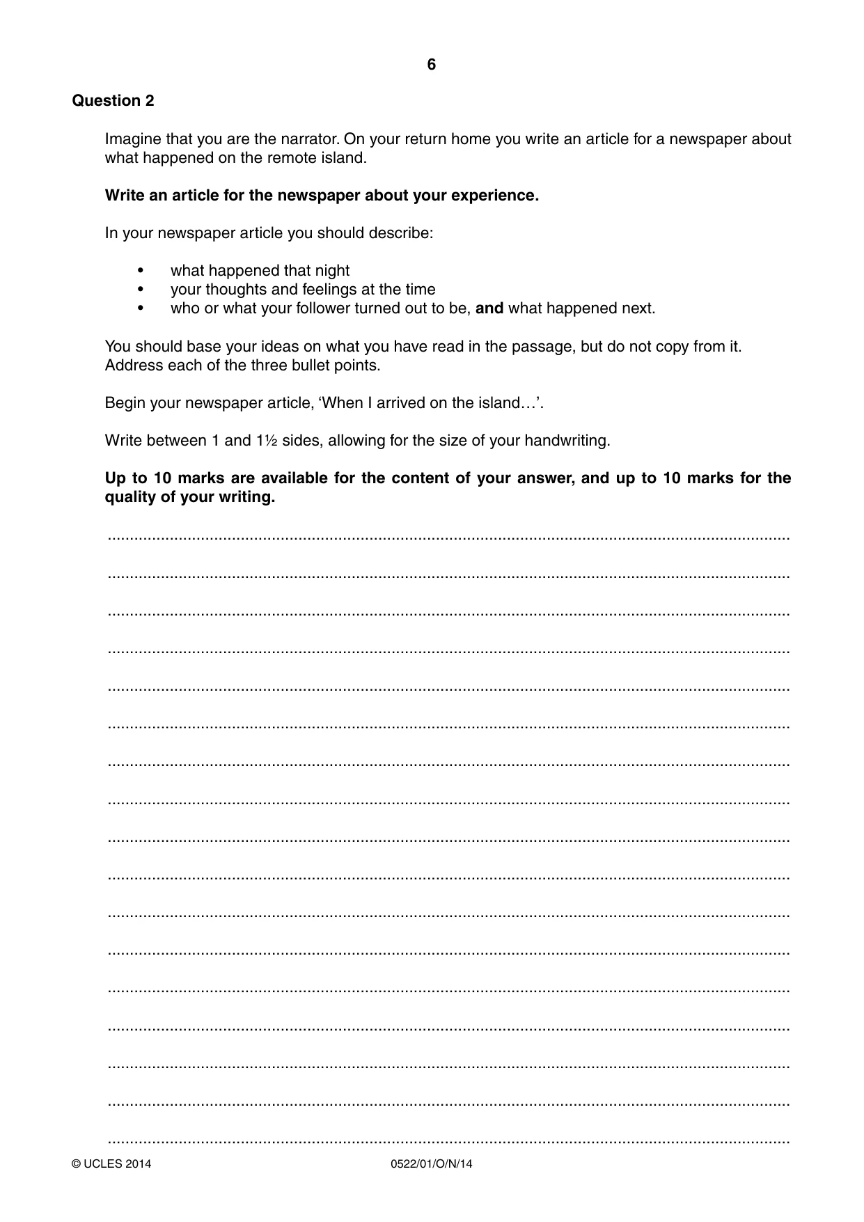 Cambridge IGCSE English - First Language (UK) 0522 2014 Oct/Nov Paper 1 · Variant 1 question paper, page 6 of 12
