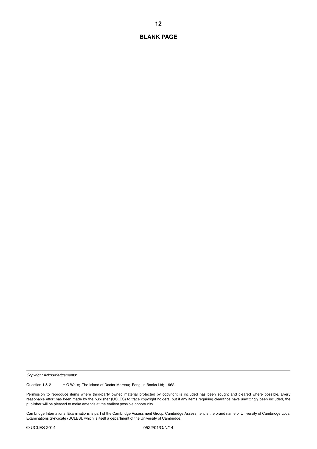 Cambridge IGCSE English - First Language (UK) 0522 2014 Oct/Nov Paper 1 · Variant 1 question paper, page 12 of 12