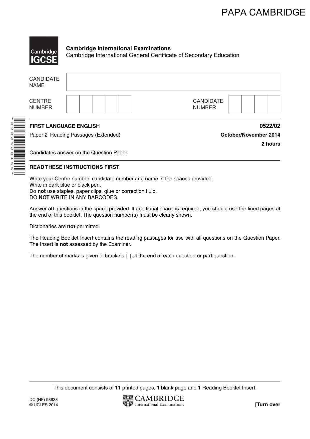Cambridge IGCSE English - First Language (UK) 0522 2014 Oct/Nov Paper 2 · Variant 1 question paper, page 1 of 12