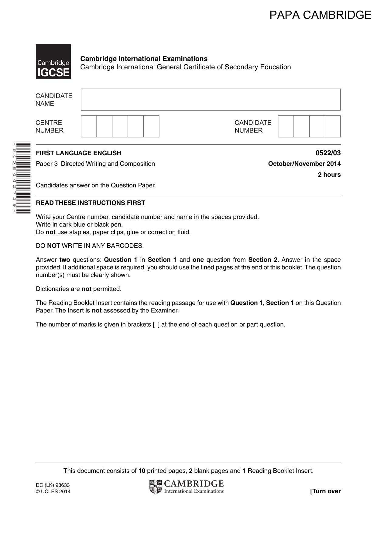 Cambridge IGCSE English - First Language (UK) 0522 2014 Oct/Nov Paper 3 · Variant 1 question paper, page 1 of 12