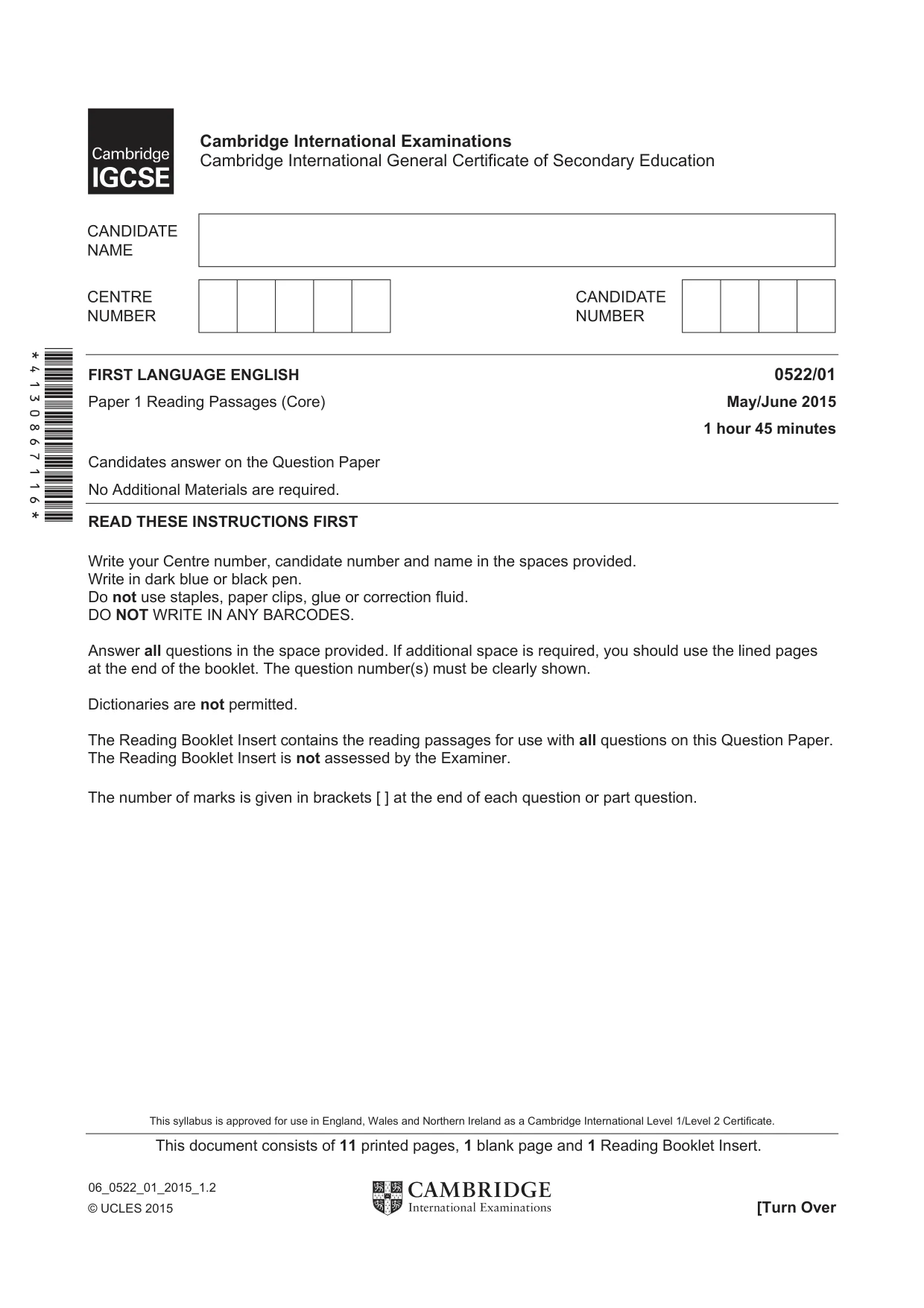 Cambridge IGCSE English - First Language (UK) 0522 2015 May/June Paper 1 · Variant 1 question paper, page 1 of 12