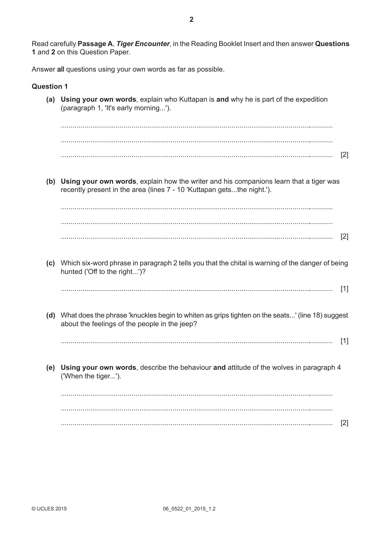 Cambridge IGCSE English - First Language (UK) 0522 2015 May/June Paper 1 · Variant 1 question paper, page 2 of 12