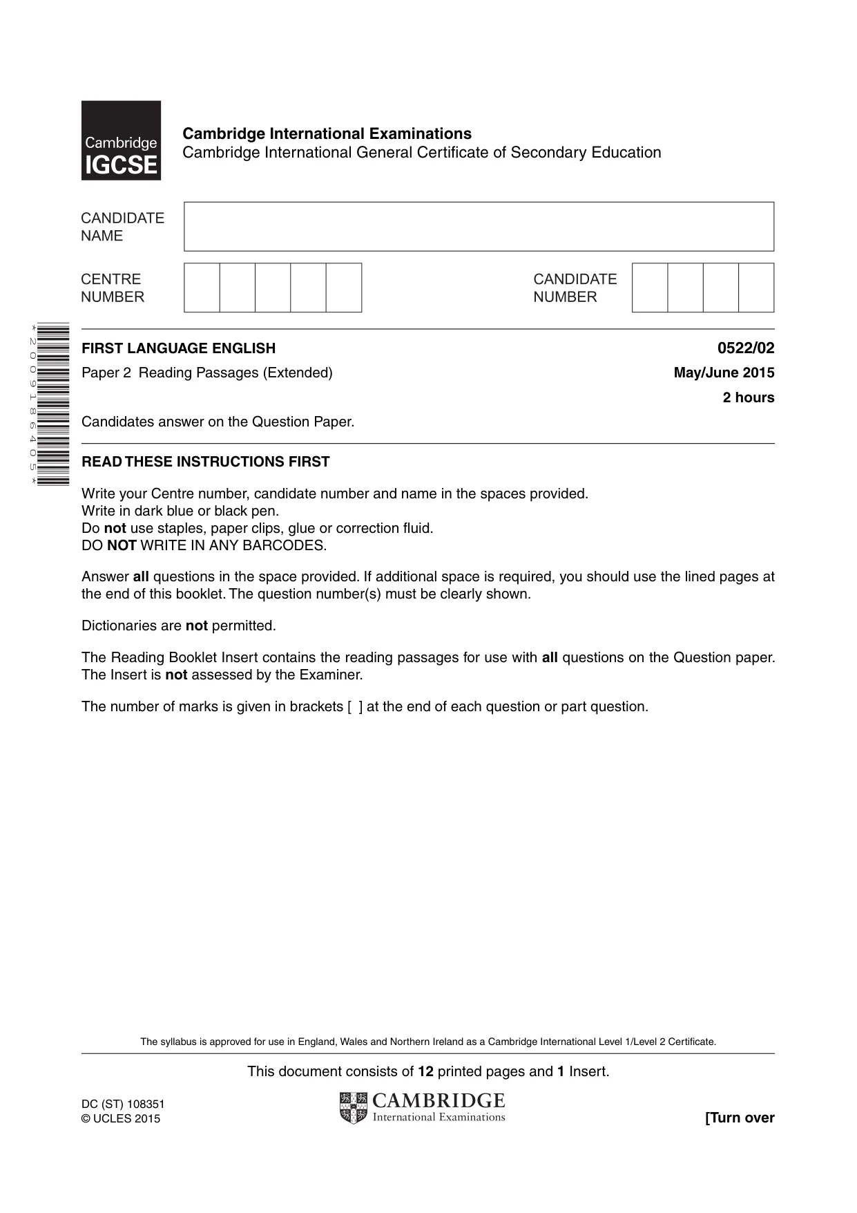 Cambridge IGCSE English - First Language (UK) 0522 2015 May/June Paper 2 · Variant 1 question paper, page 1 of 12