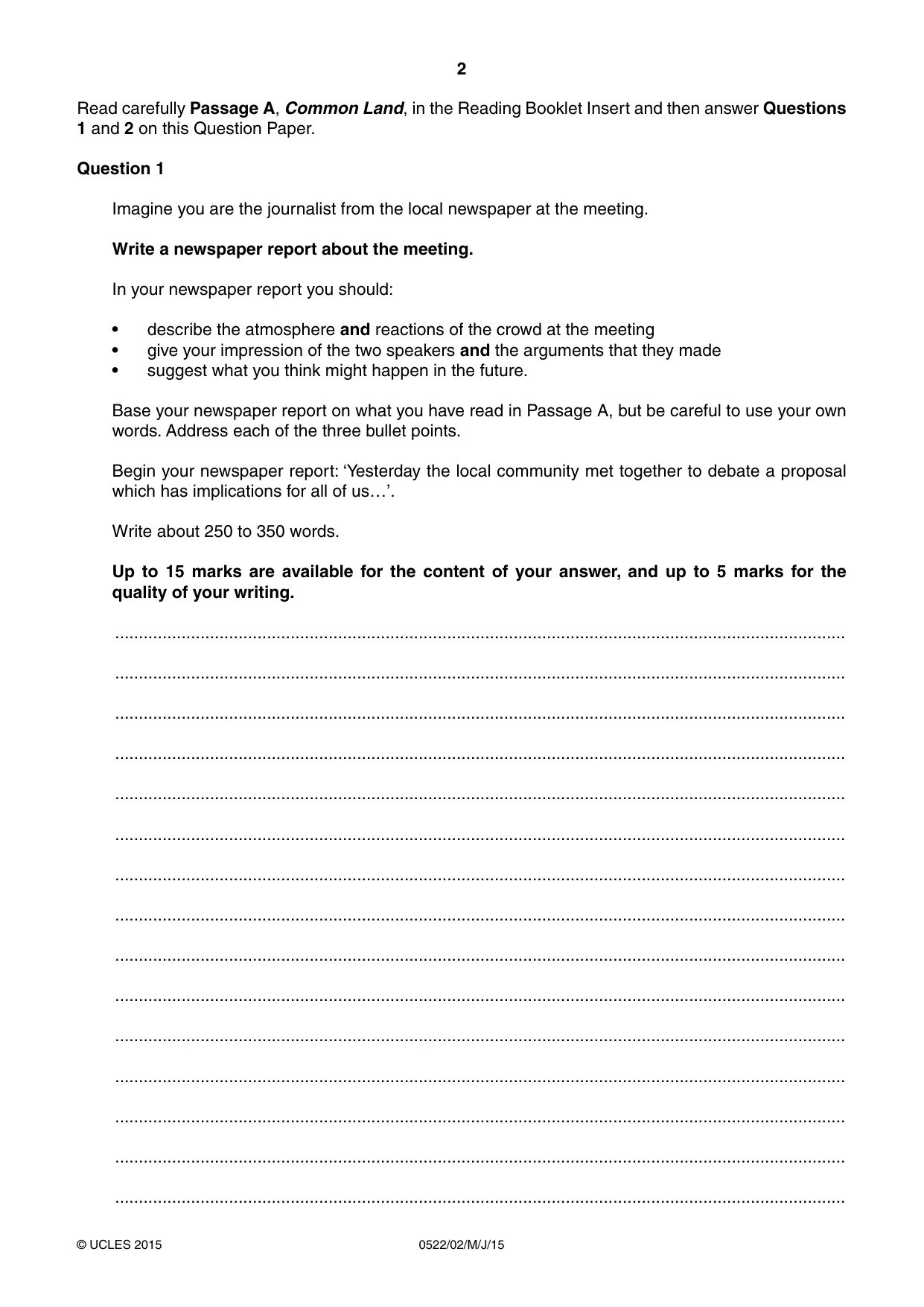 Cambridge IGCSE English - First Language (UK) 0522 2015 May/June Paper 2 · Variant 1 question paper, page 2 of 12