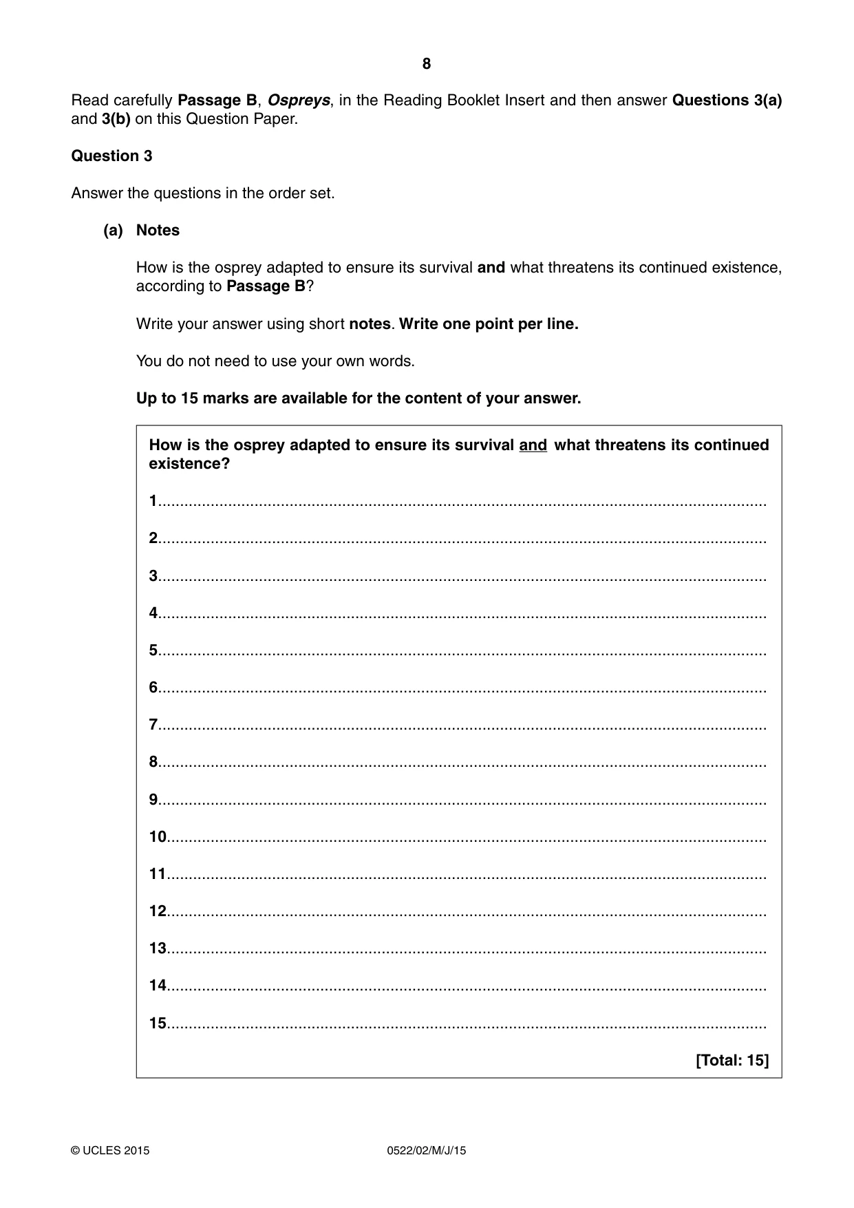 Cambridge IGCSE English - First Language (UK) 0522 2015 May/June Paper 2 · Variant 1 question paper, page 8 of 12