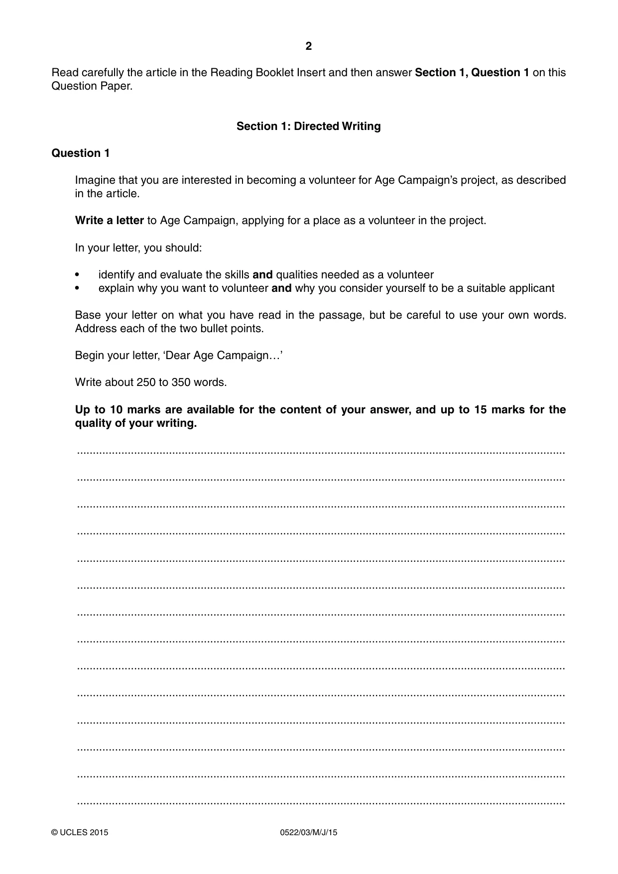 Cambridge IGCSE English - First Language (UK) 0522 2015 May/June Paper 3 · Variant 1 question paper, page 2 of 12