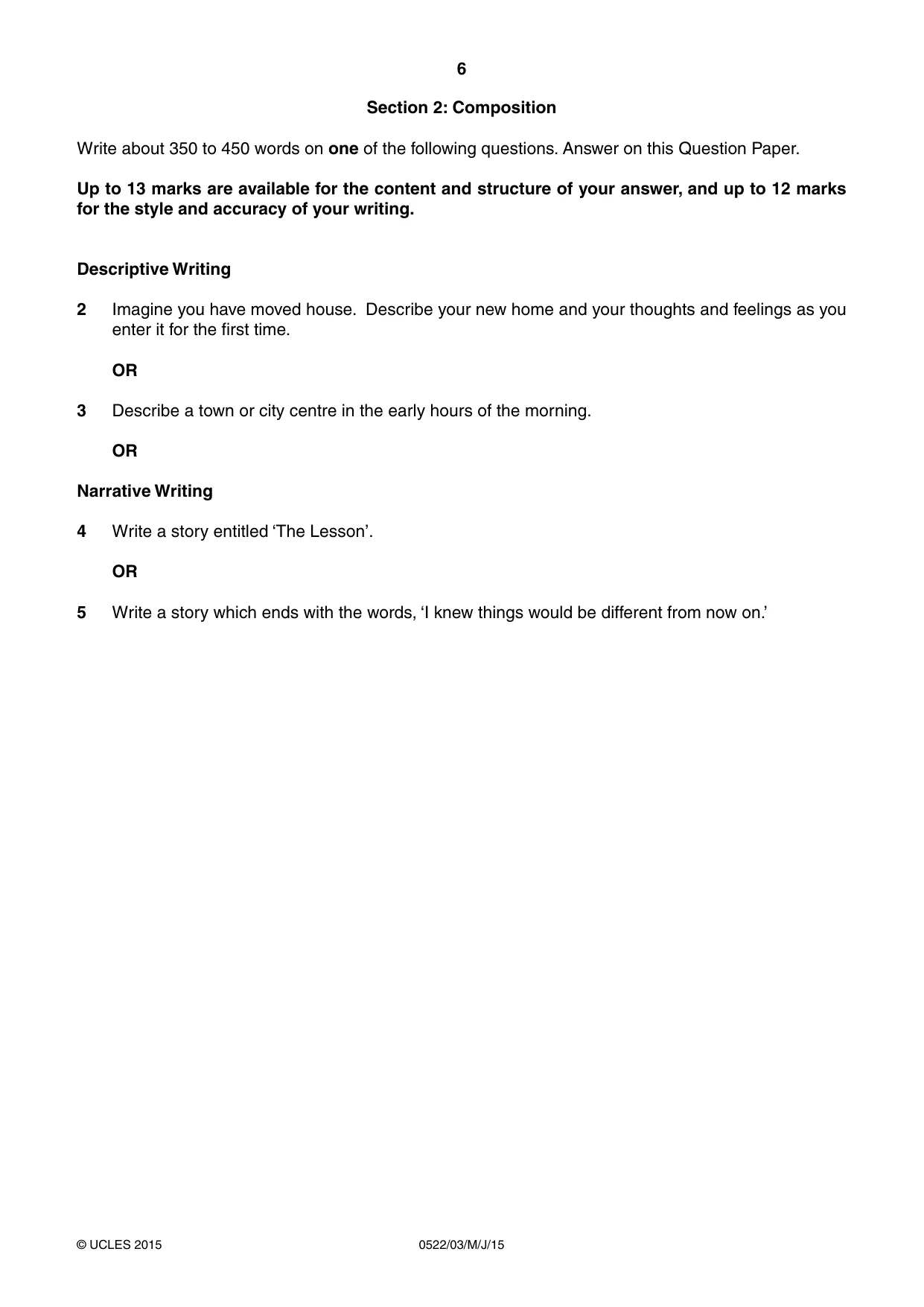 Cambridge IGCSE English - First Language (UK) 0522 2015 May/June Paper 3 · Variant 1 question paper, page 6 of 12